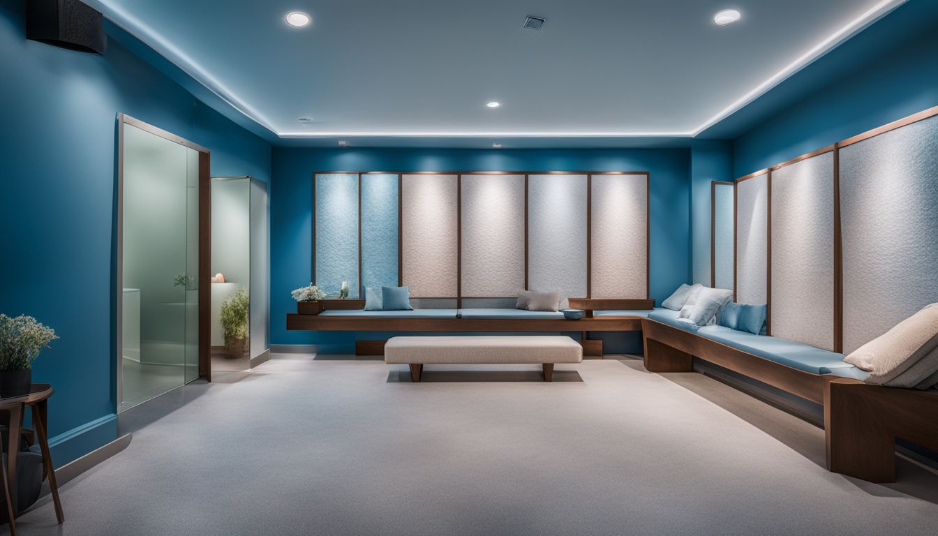 a serene salt room with ocean blue walls and white decor