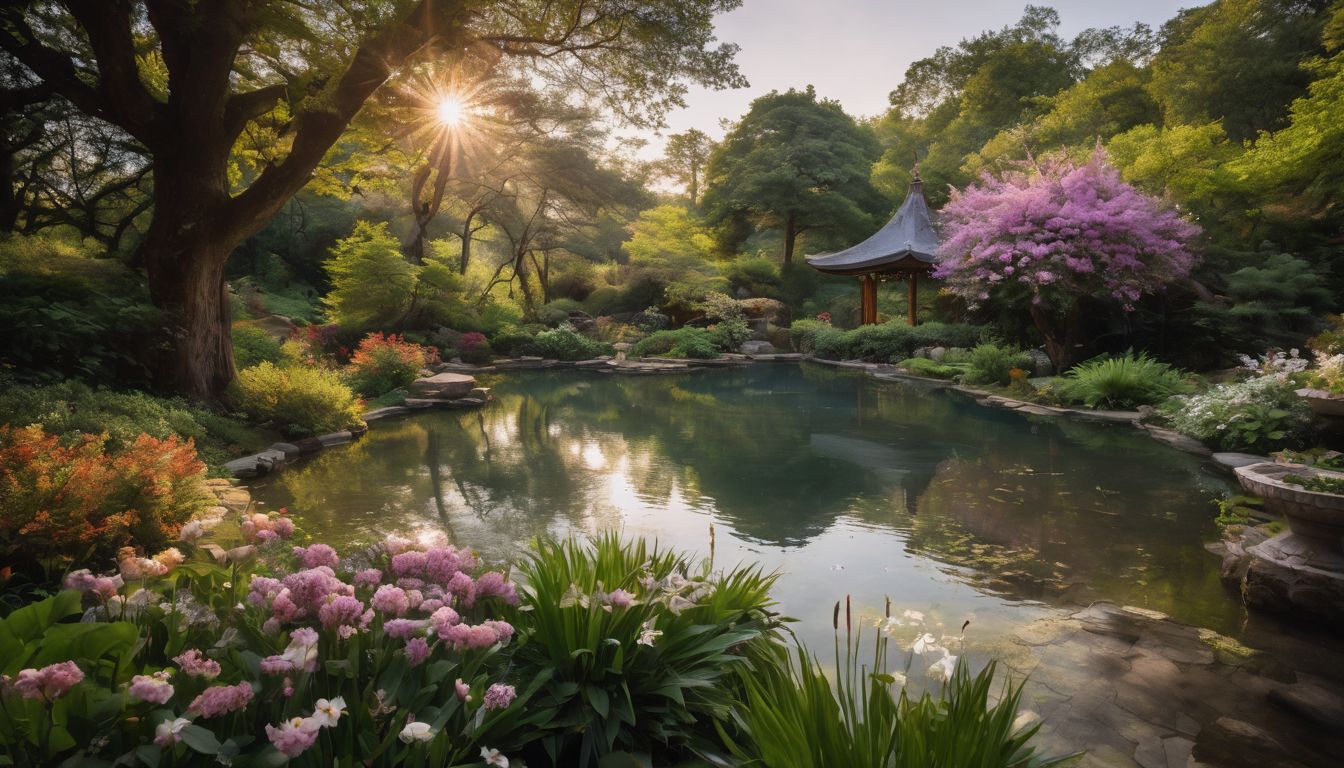 a serene scene of a garden and lake