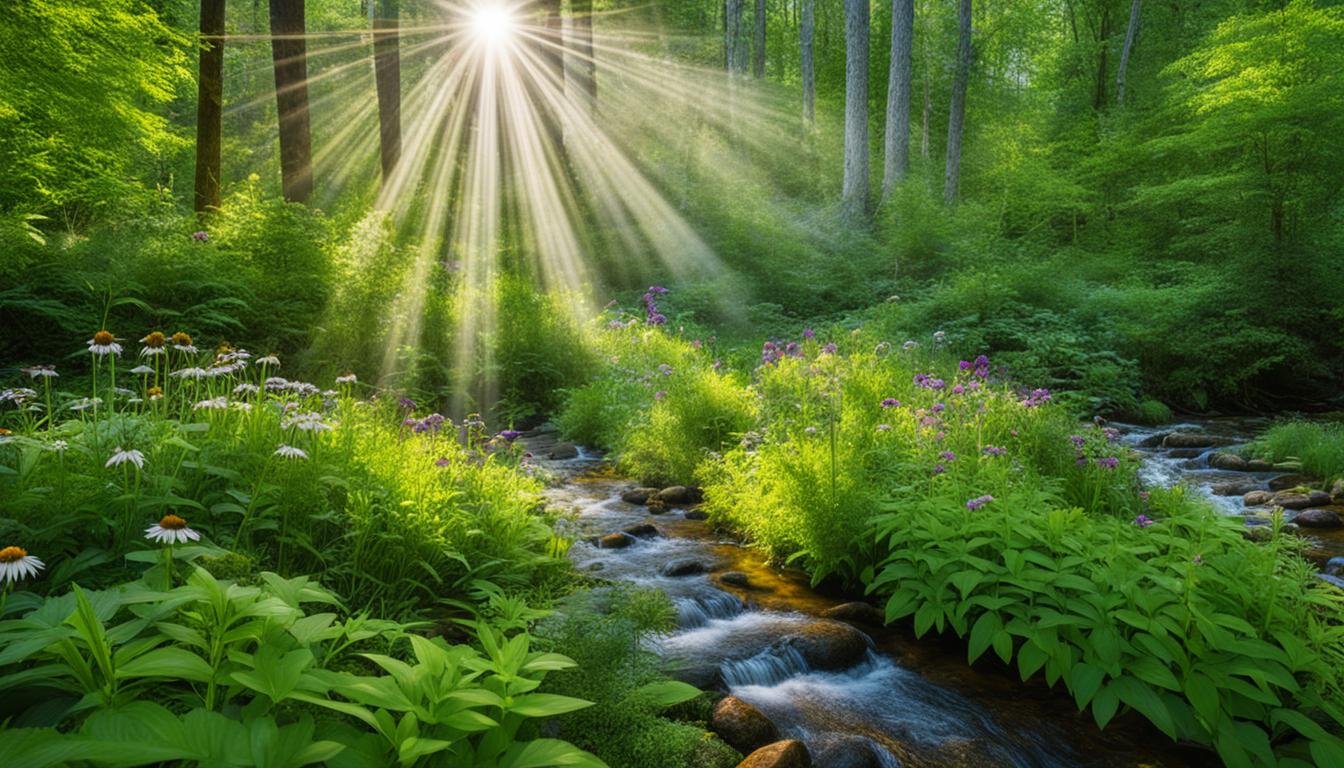 a forest scene with the sun shining through the trees