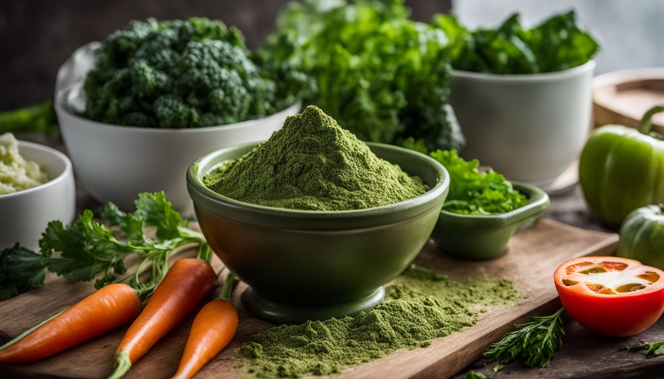 a bowl of a greens powder on table full of vegetables