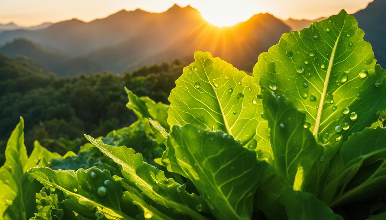 A glowing orange sun setting behind a mountain range, with rays of light shining out from behind the peaks. In the foreground, a bundle of bright green leafy vegetables with drops of water on them