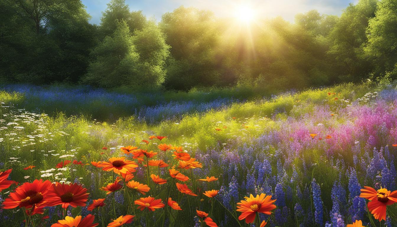 a flowery meadow with the sun shining brightly