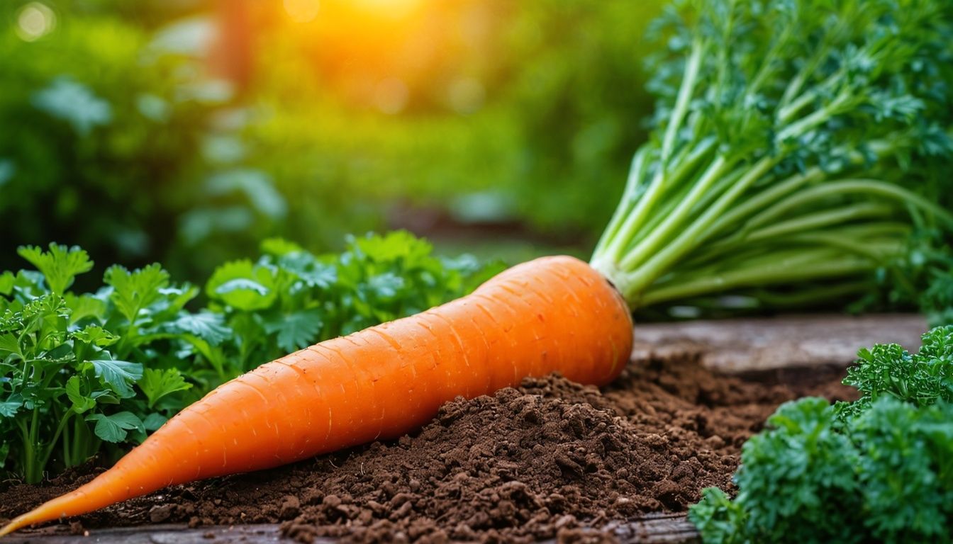 a freshly picked carrot, placed in the dirt in a garden