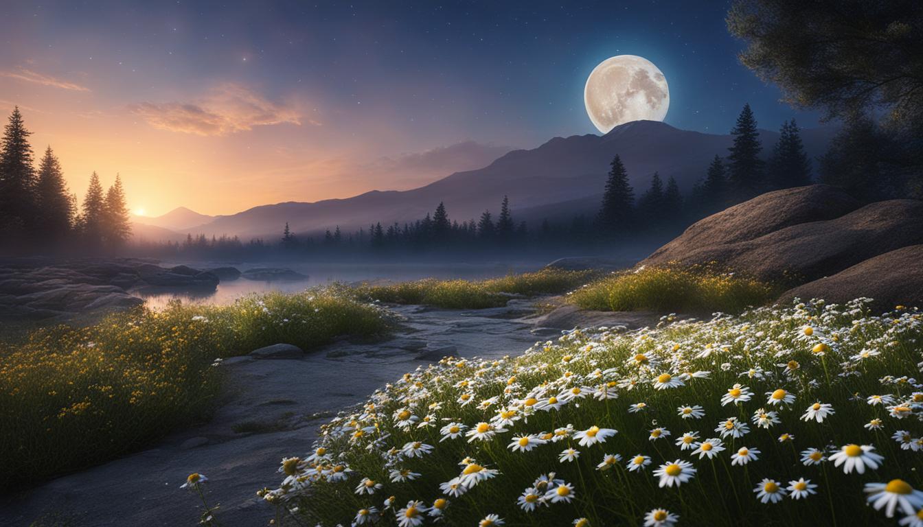 a field of chamomile flowers under a night sky with a full moon