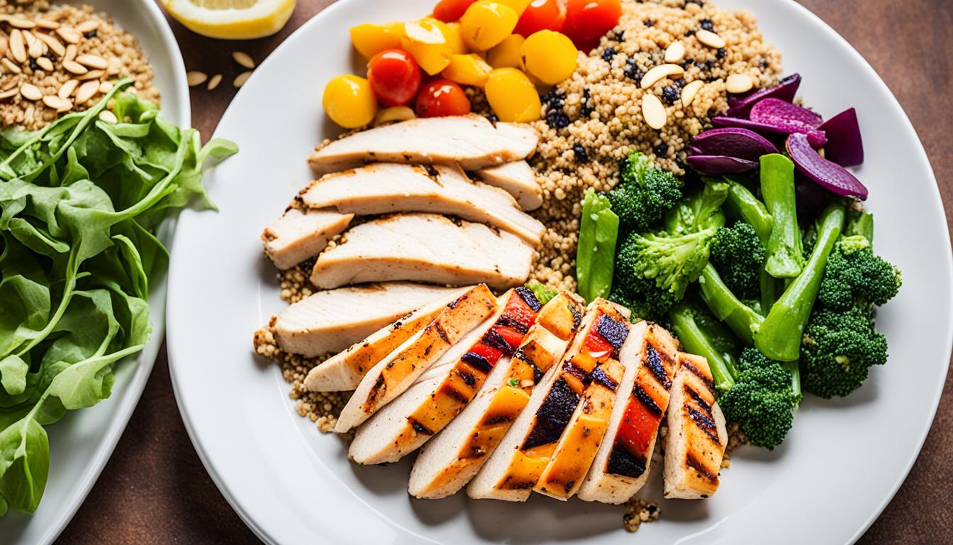 a dinner plate of chicken, quinoa, pepers, and broccoli