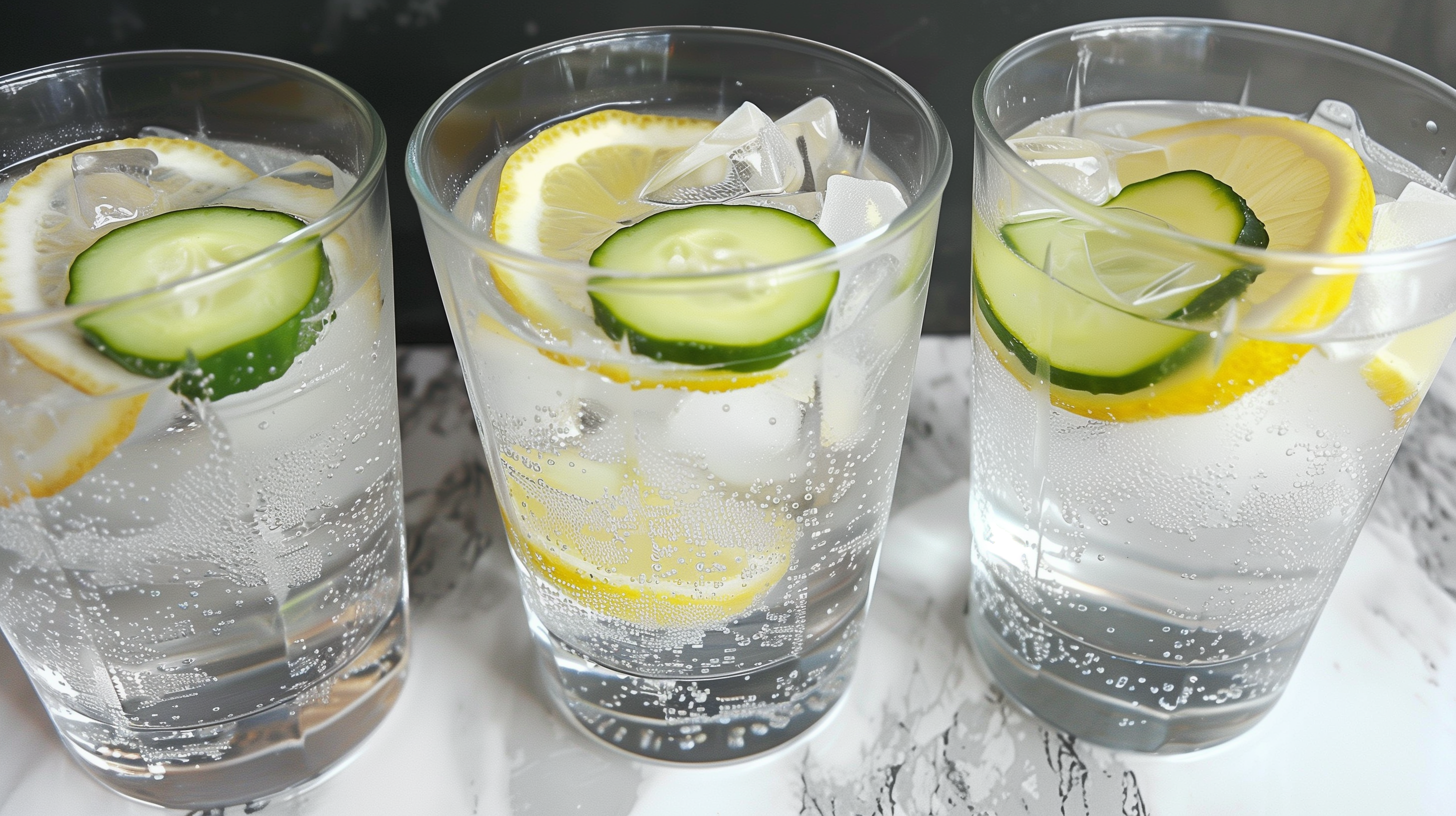 3 glasses of ice cold water with lemon and cucumber
