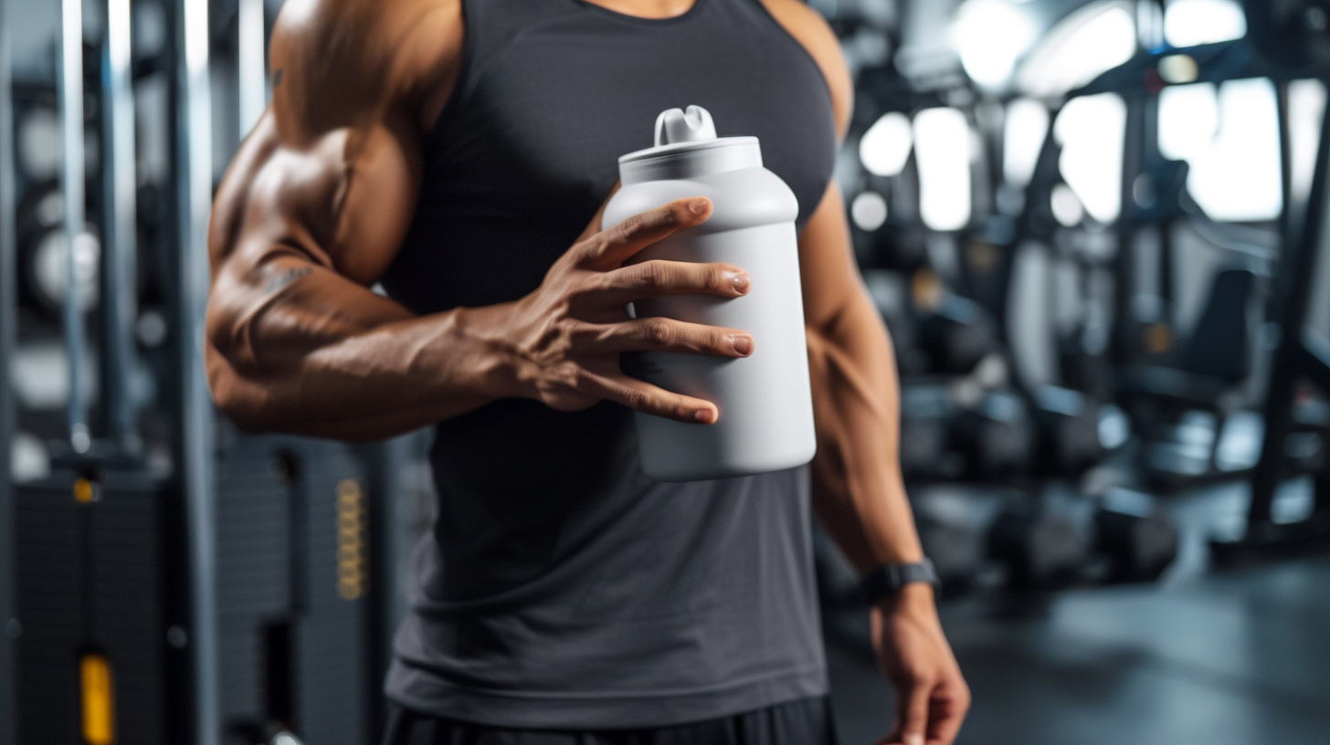 a man holding a shaker at the gym