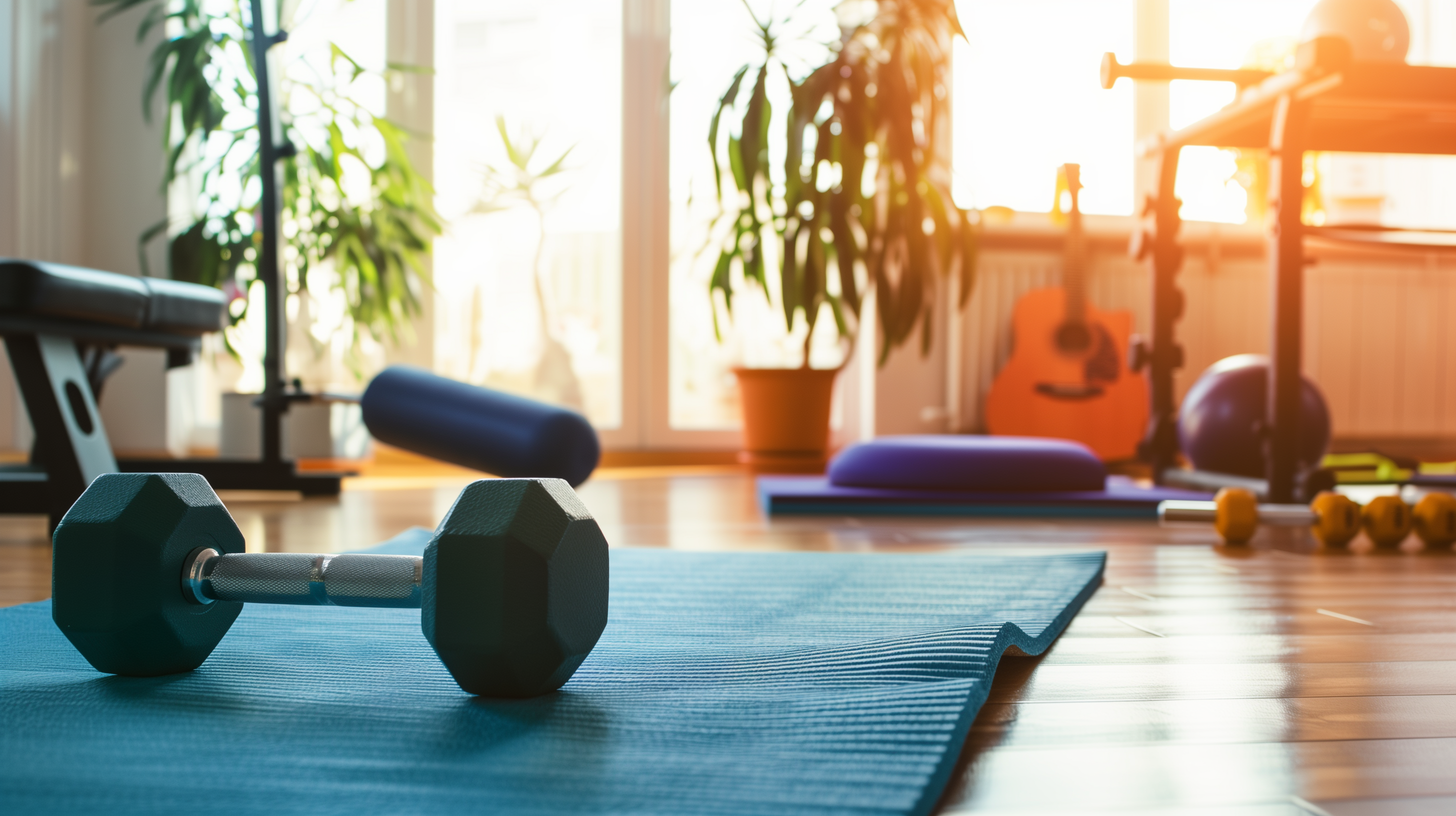 a dumbbell sitting on top of a fitness mat in a home gym setting