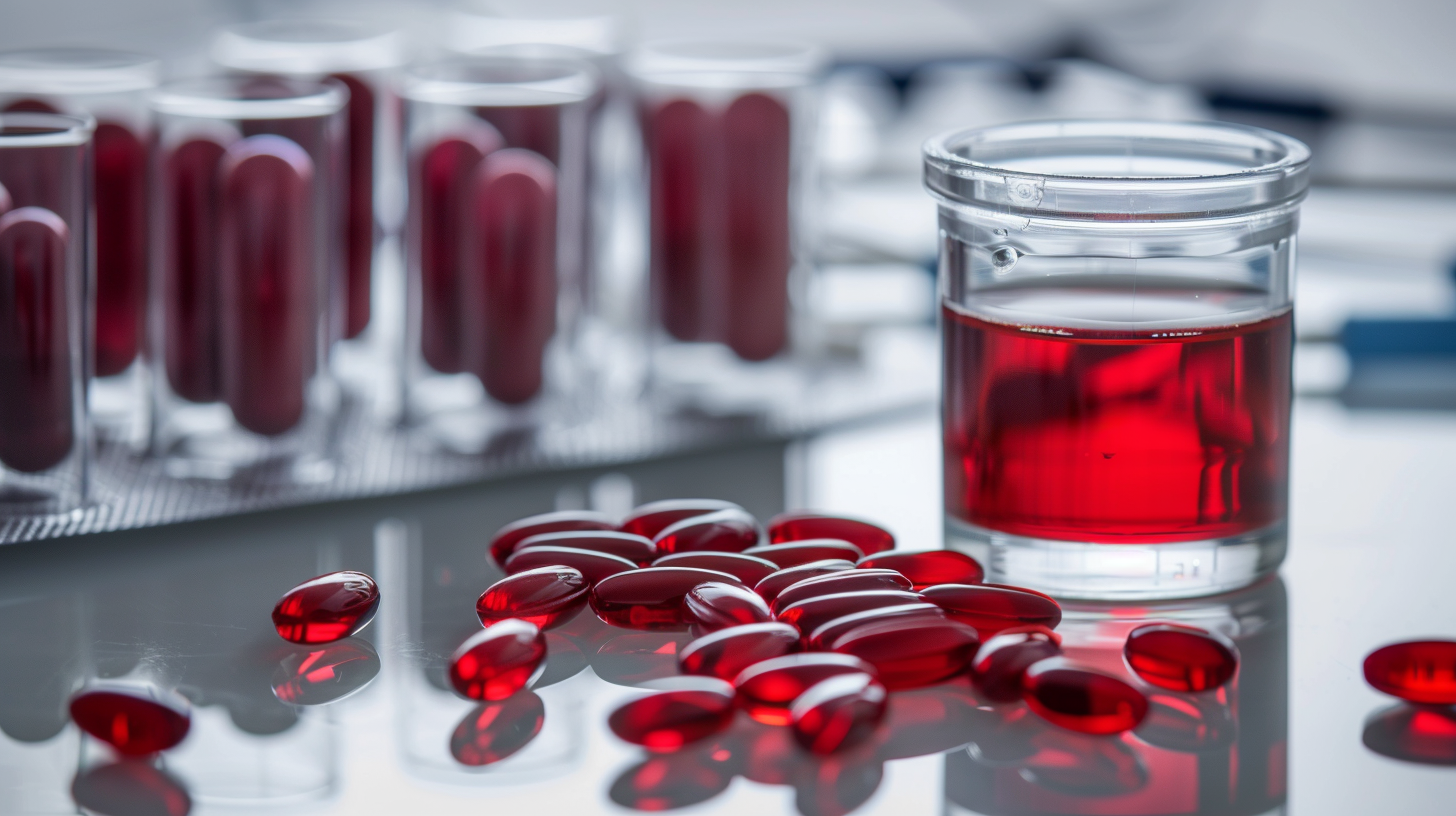 red pills and vials of blood in a lab setting