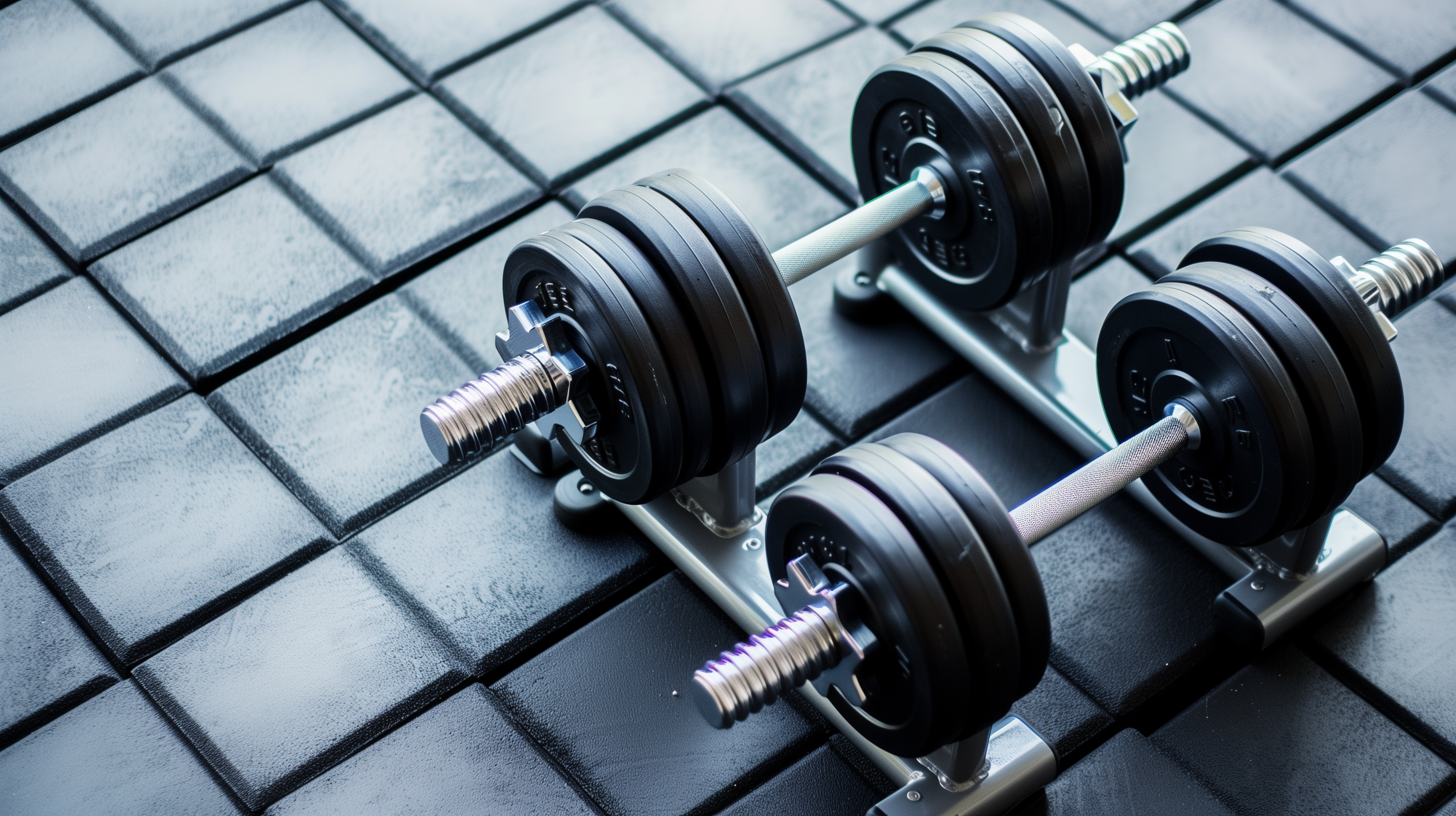 two dumbbells on a gym floor