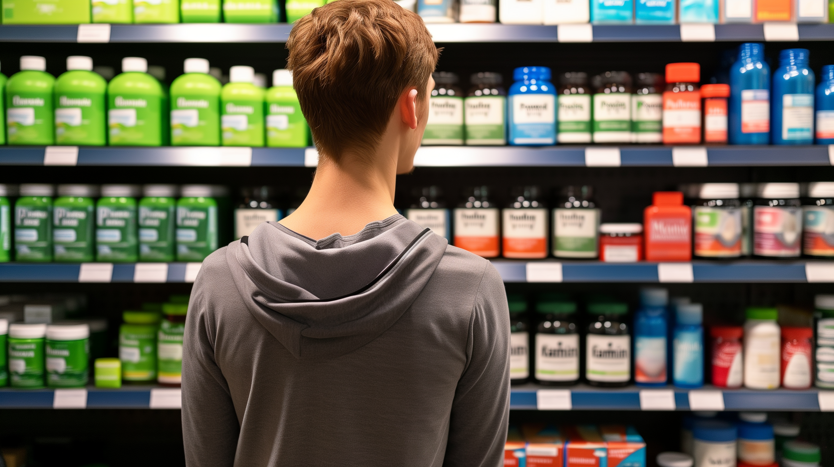 person standing looking shelves of health supplements