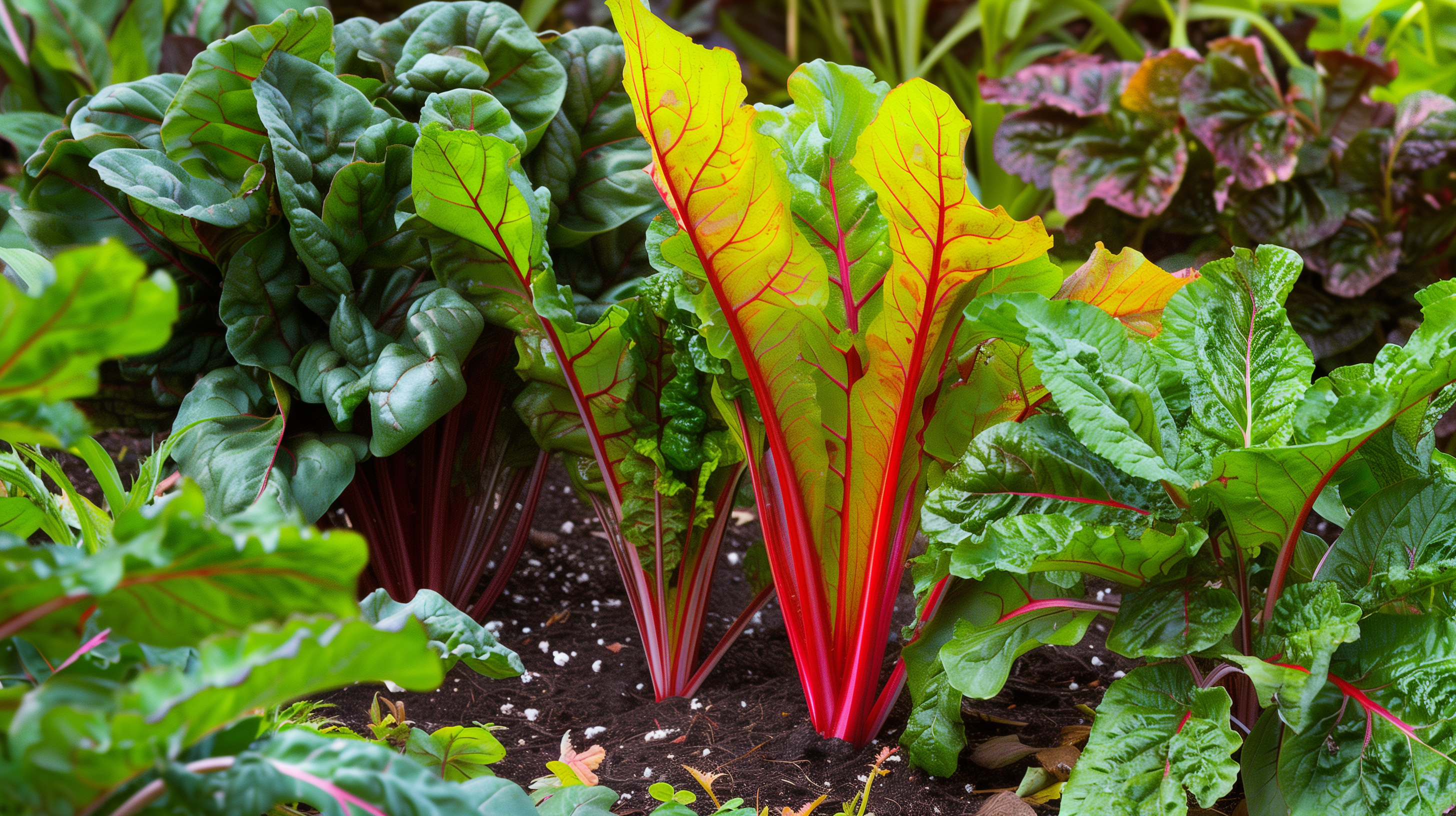 vibrant garden with lush Swiss chard and spinach plants,