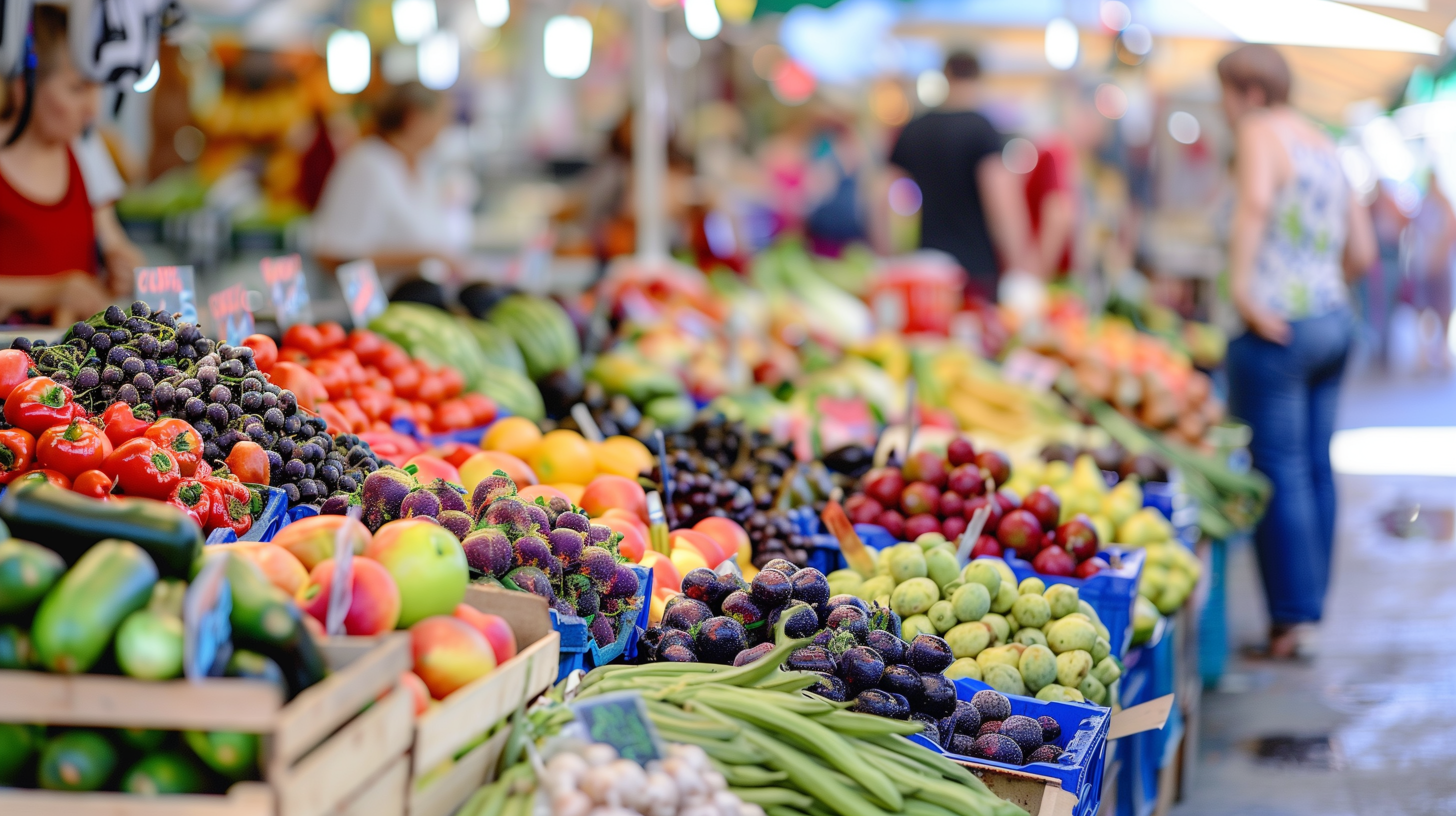 an outdoor marketplace with fresh fruits and veggies on display