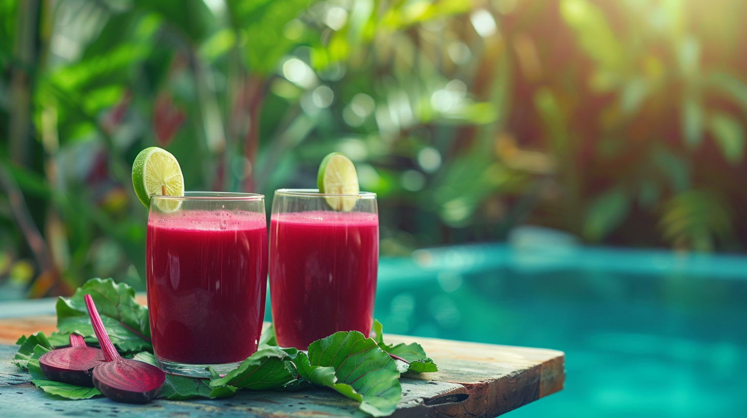 2 glasses of beet juice, with a pool in the background