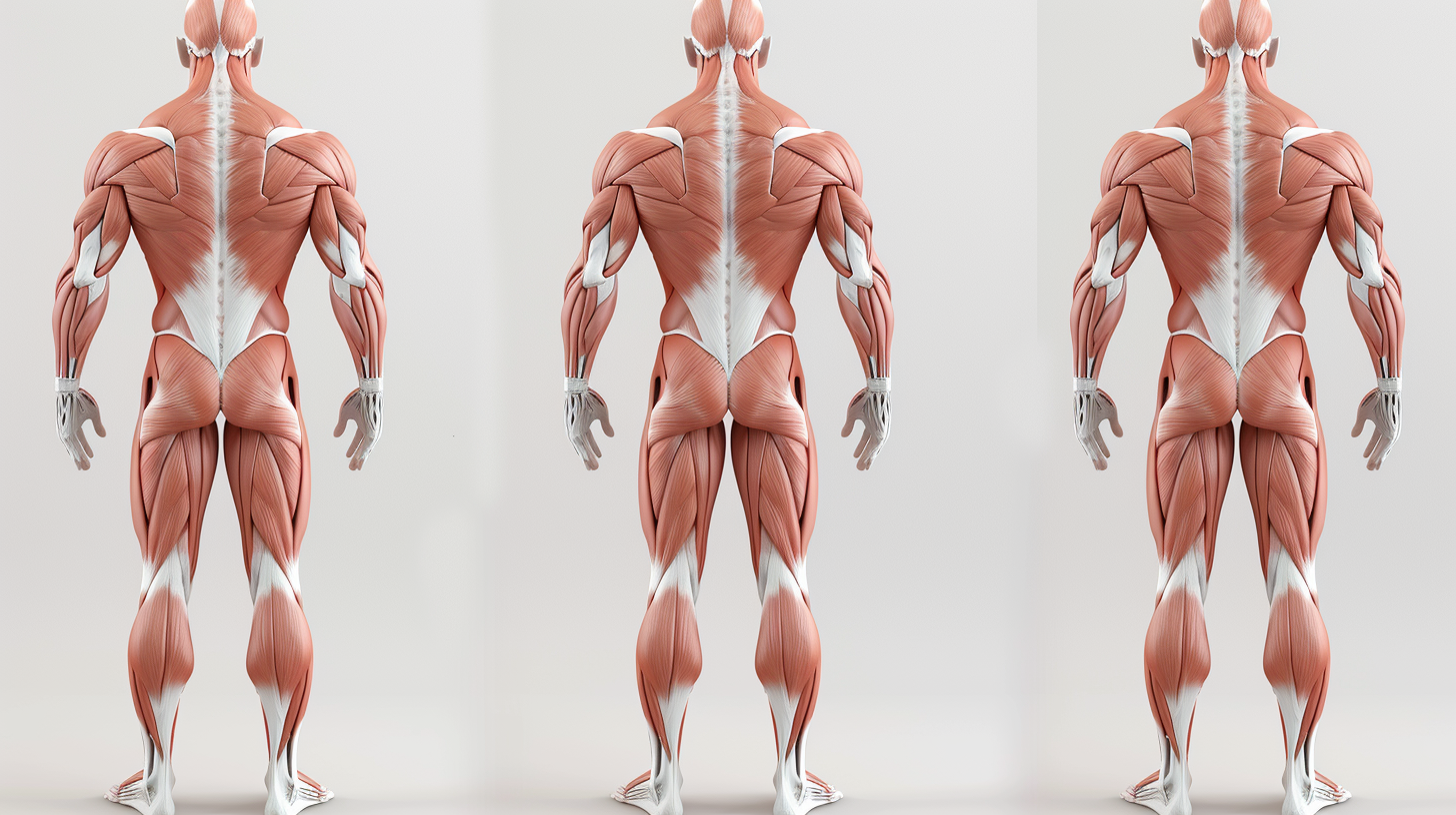 3 full-body anatomical drawing of man's muscle tissue