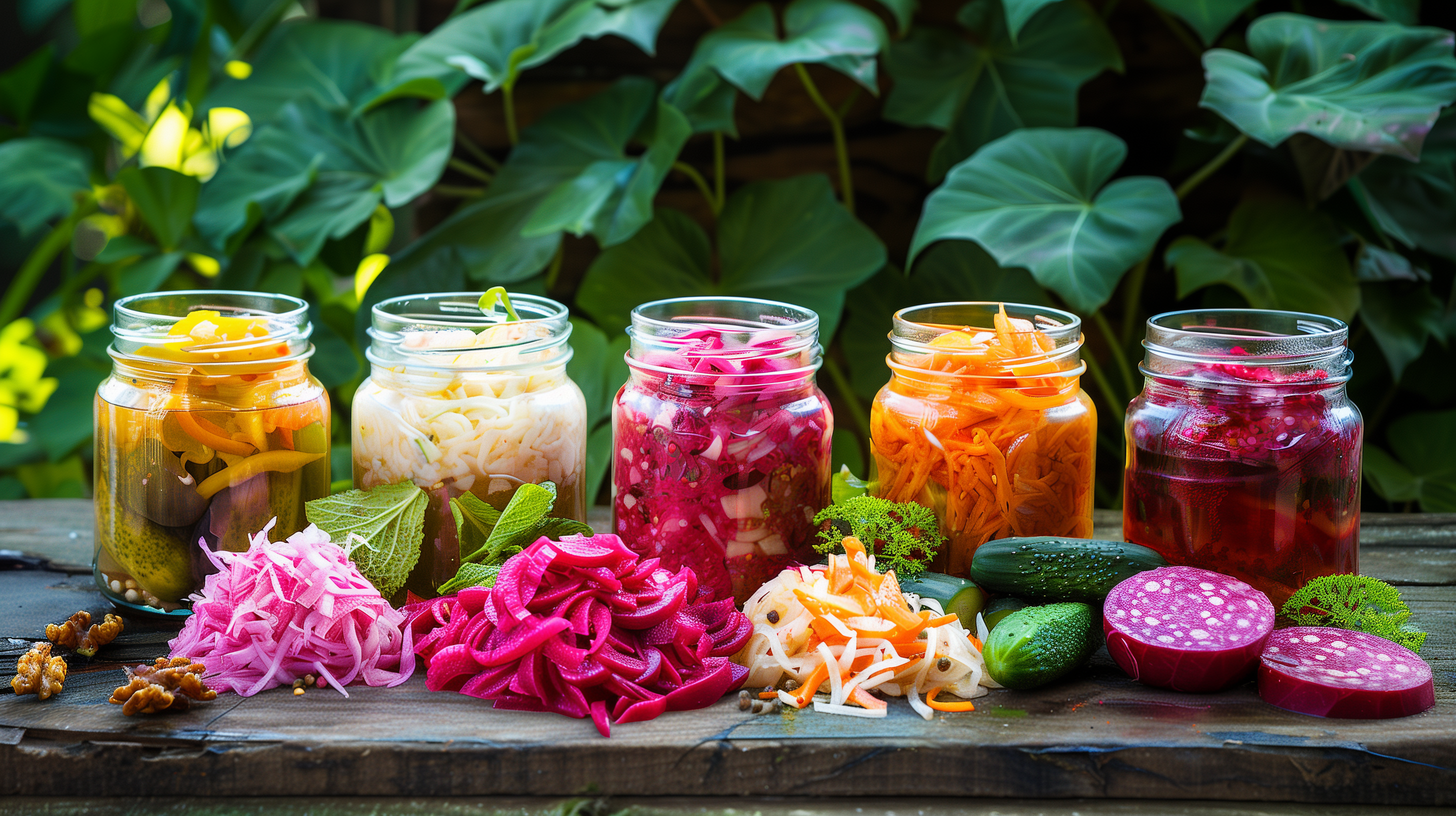 variety of colorful, probiotic-rich plant-based foods, such as sauerkraut, kimchi, pickles, and kombucha