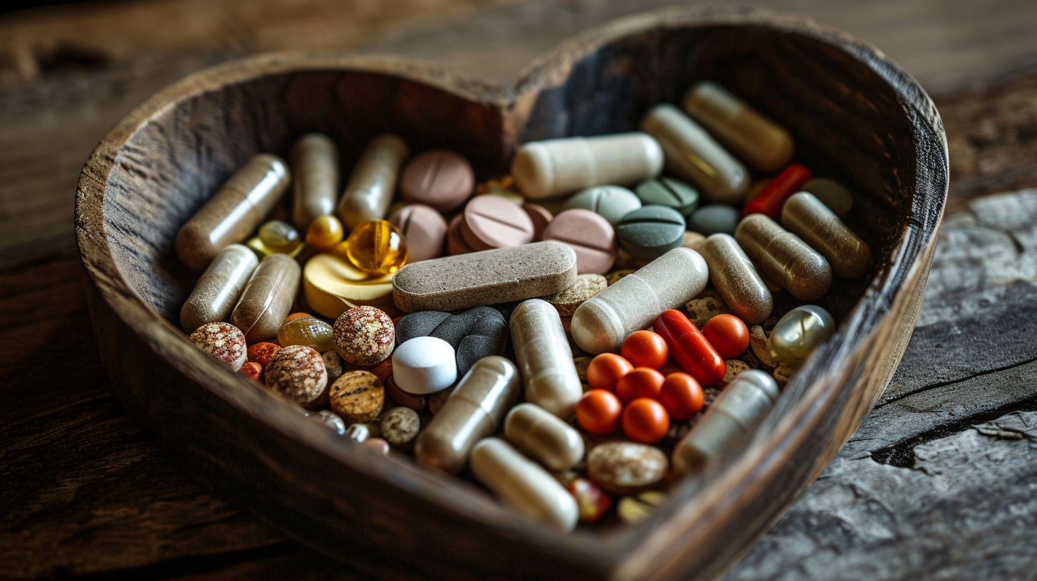 probiotic pills in a heart-shaped wooden bowl