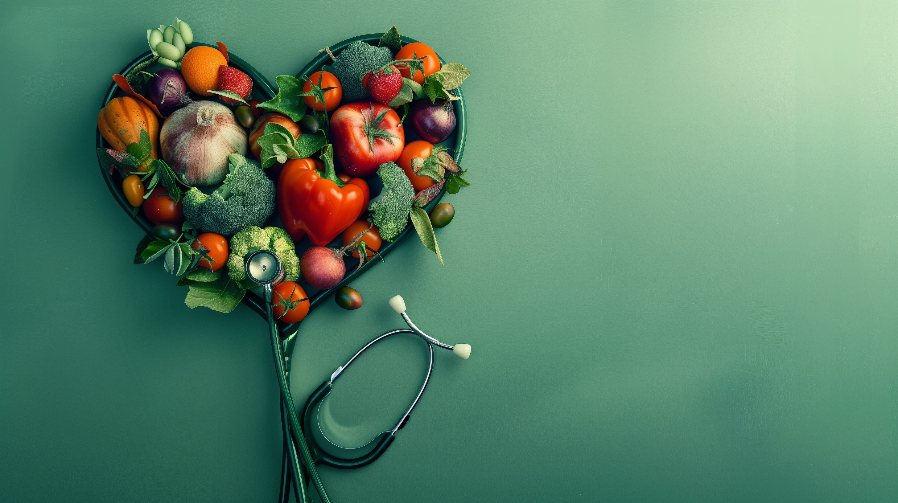 fruits and vegetable shaped into a heart by the cord of a stethoscope