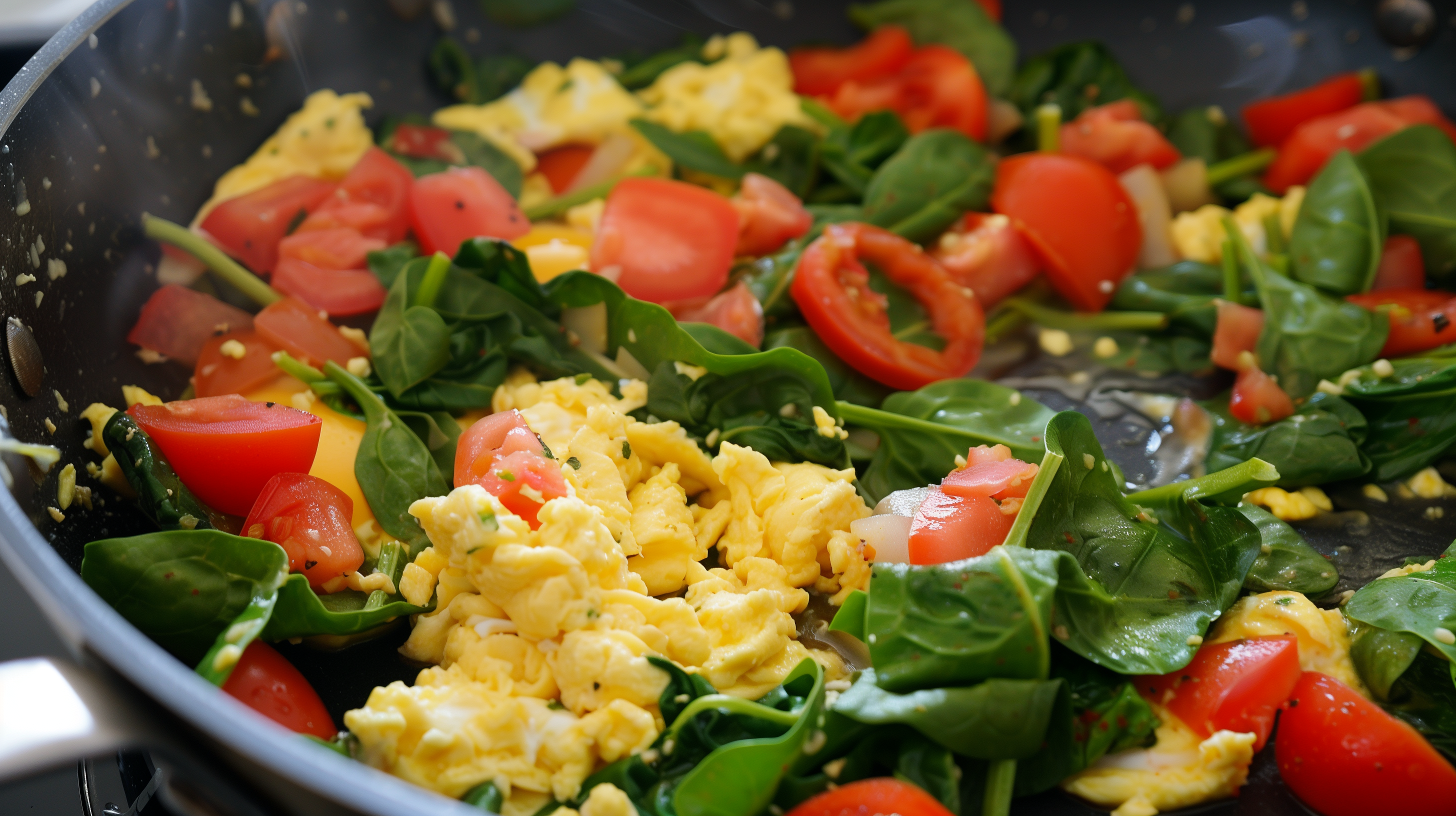 scrambled eggs cooking in a skillet with tomato and spinach