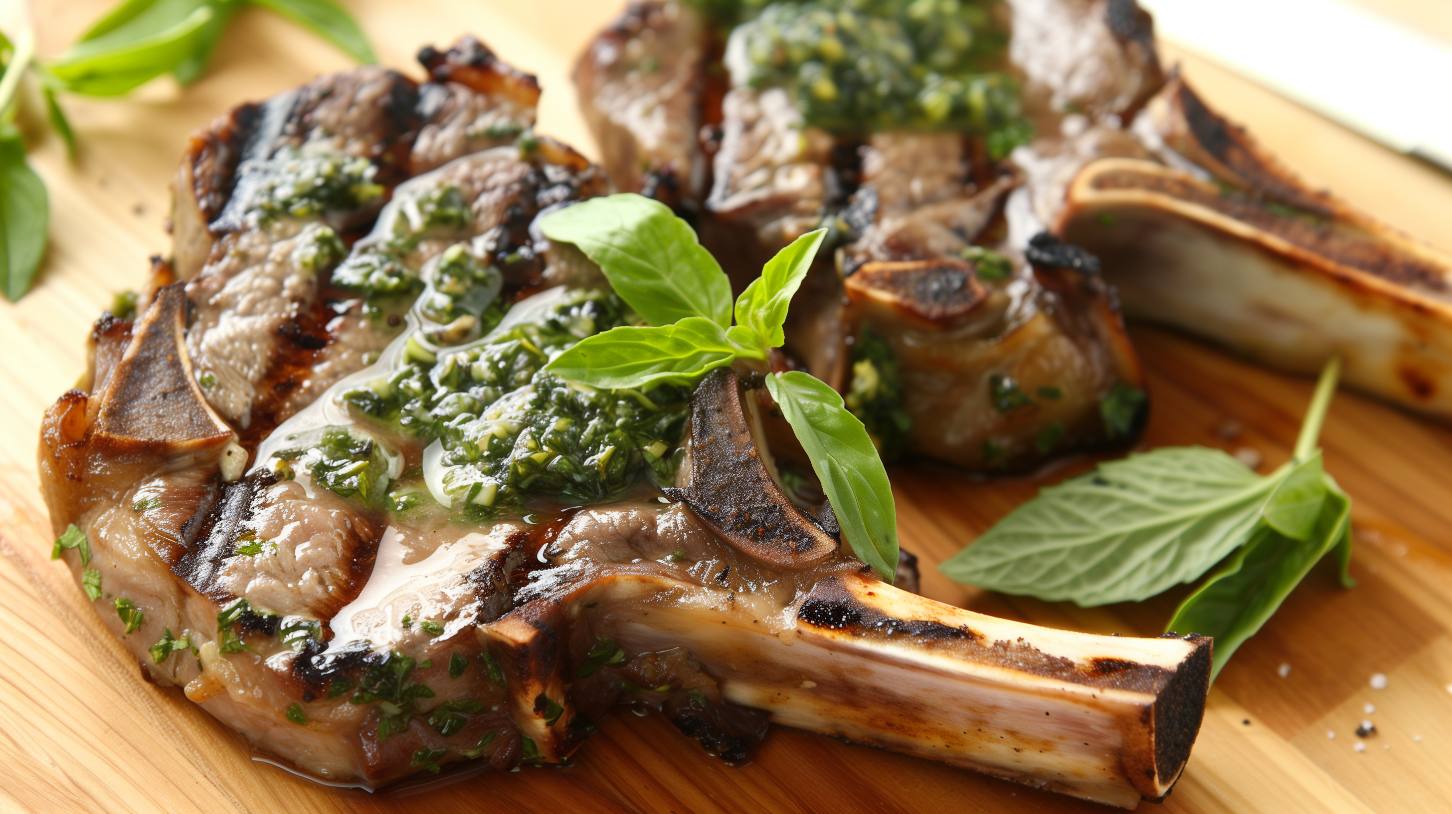 a lamb chop topped with pesto sauce