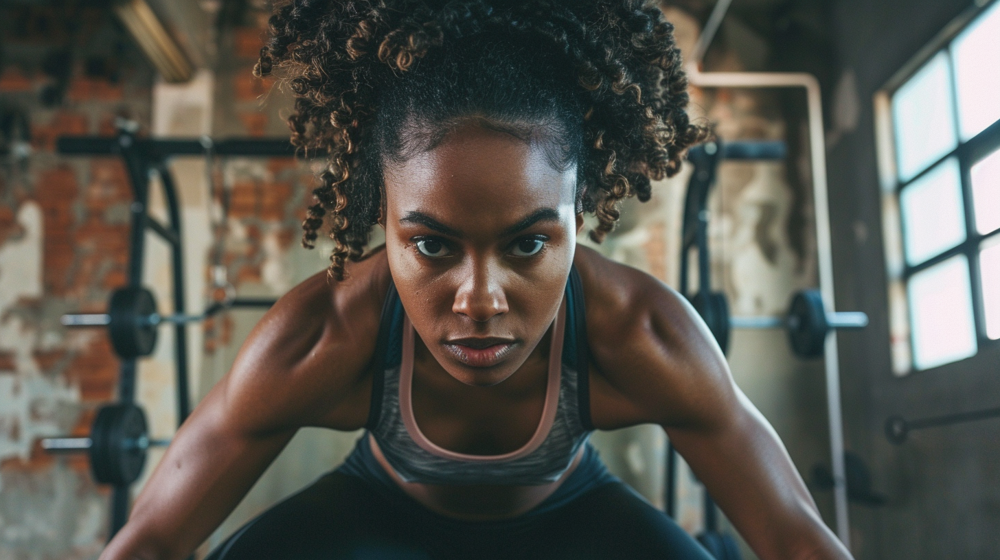 a woman at the gym, intense look