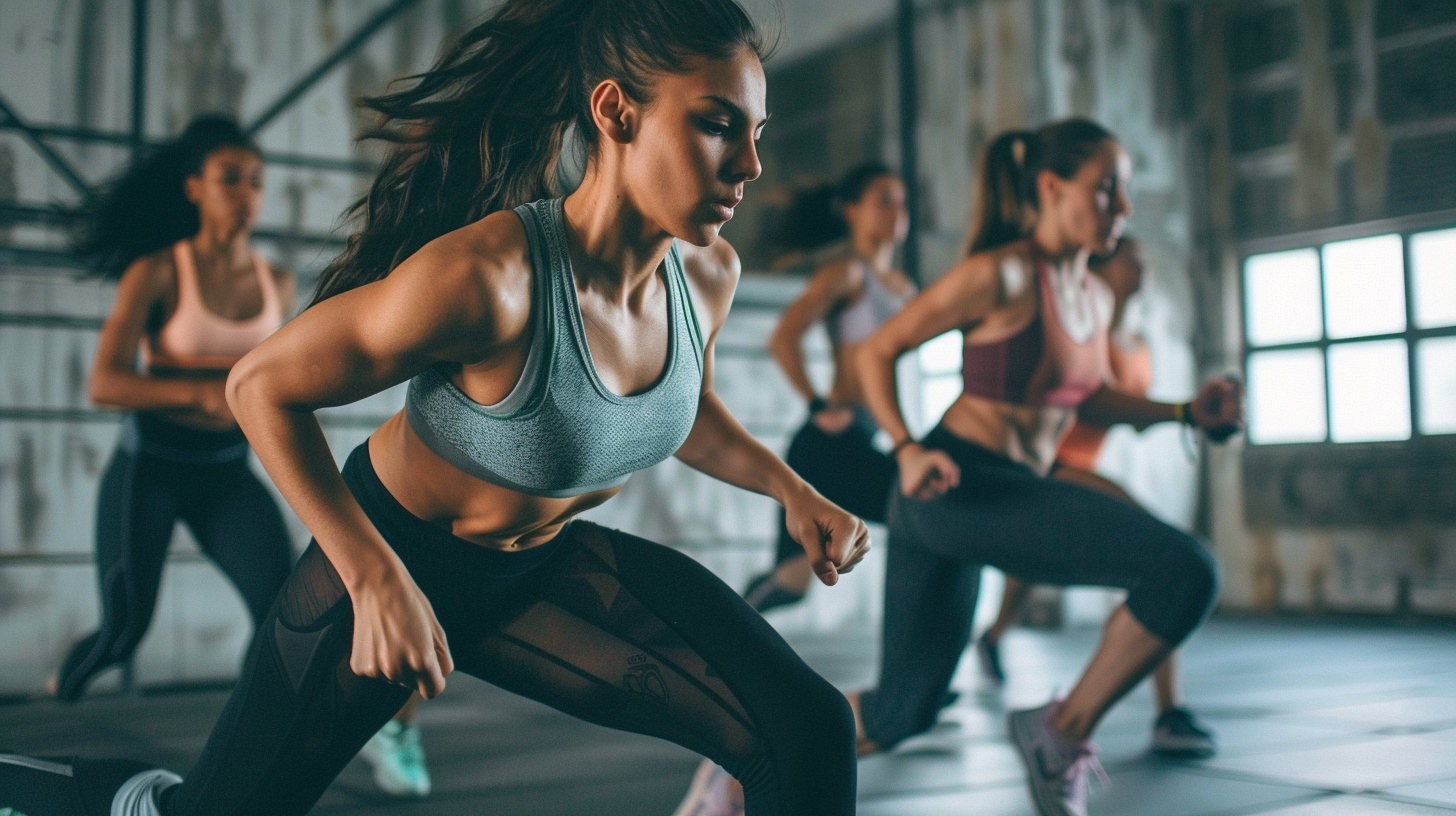 a group of women working out in a HIIT class at the gym