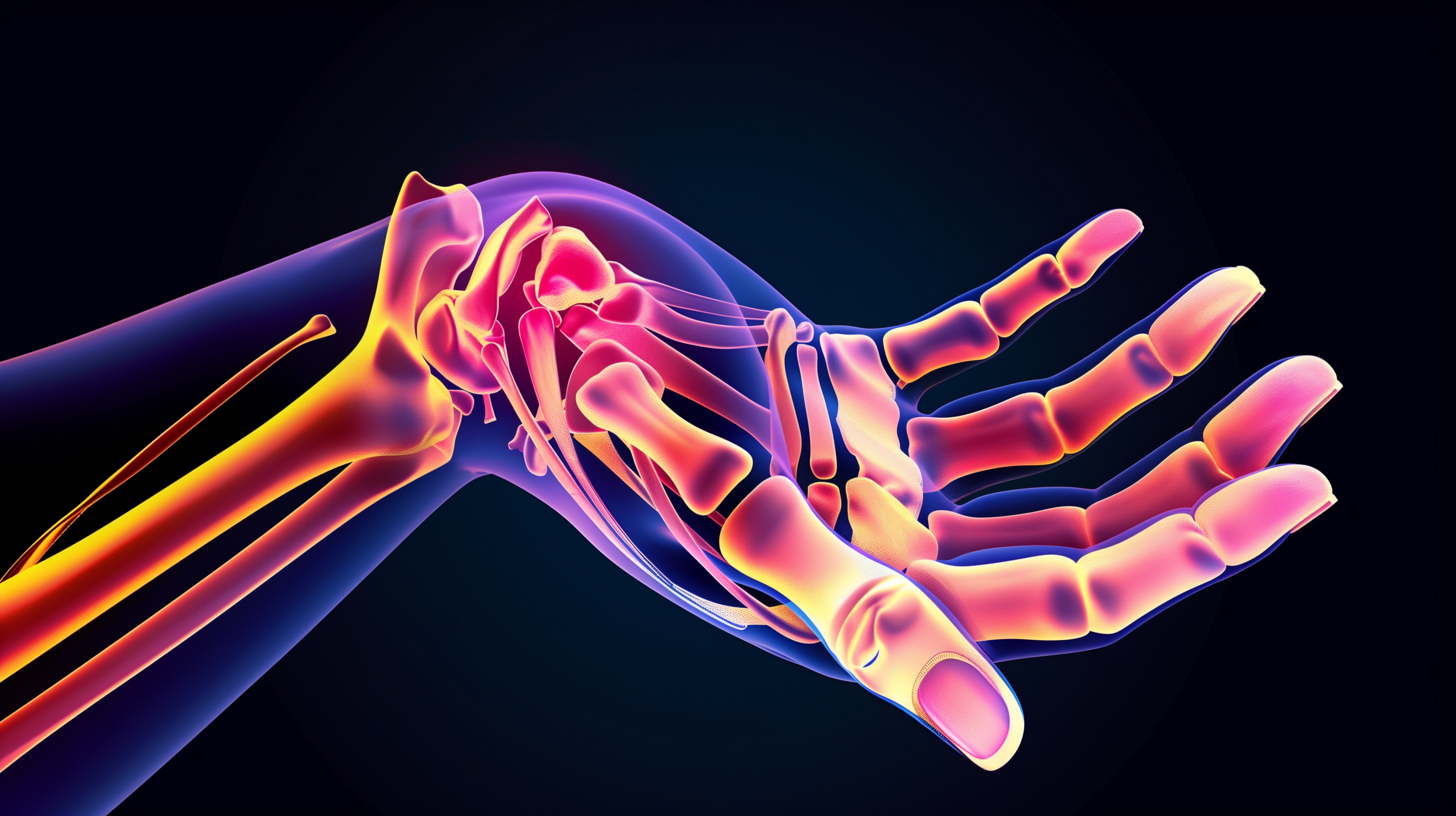 a colorful, illuminated illustration of a hand, with the wrist bent as far as possible