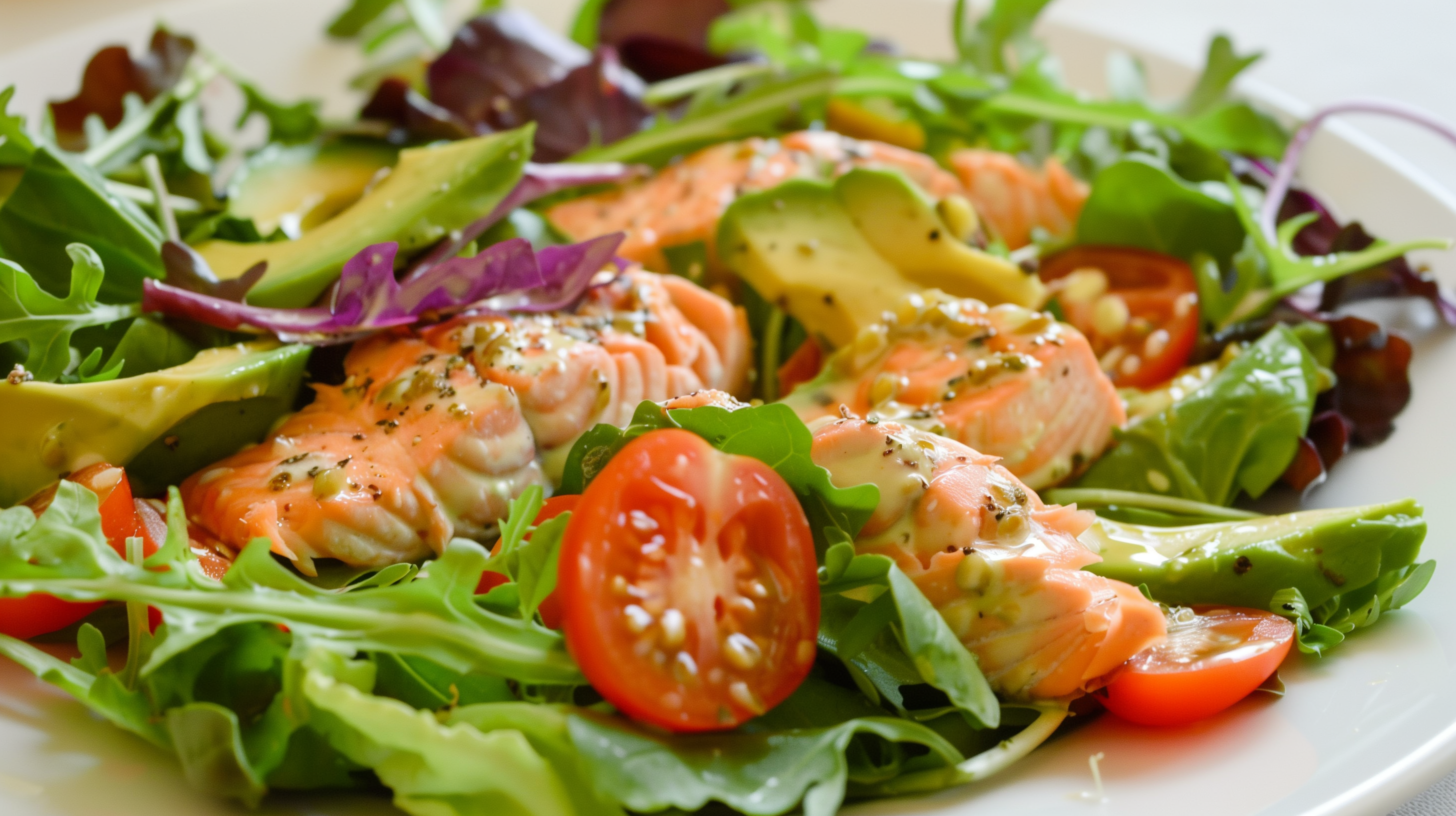 a mixed greens salad with salmon, tomato., and avocado