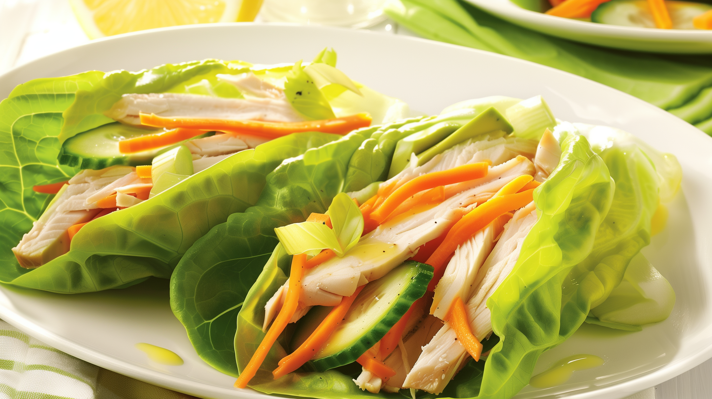 lettuce wraps with turkey, carrots, and cucumber