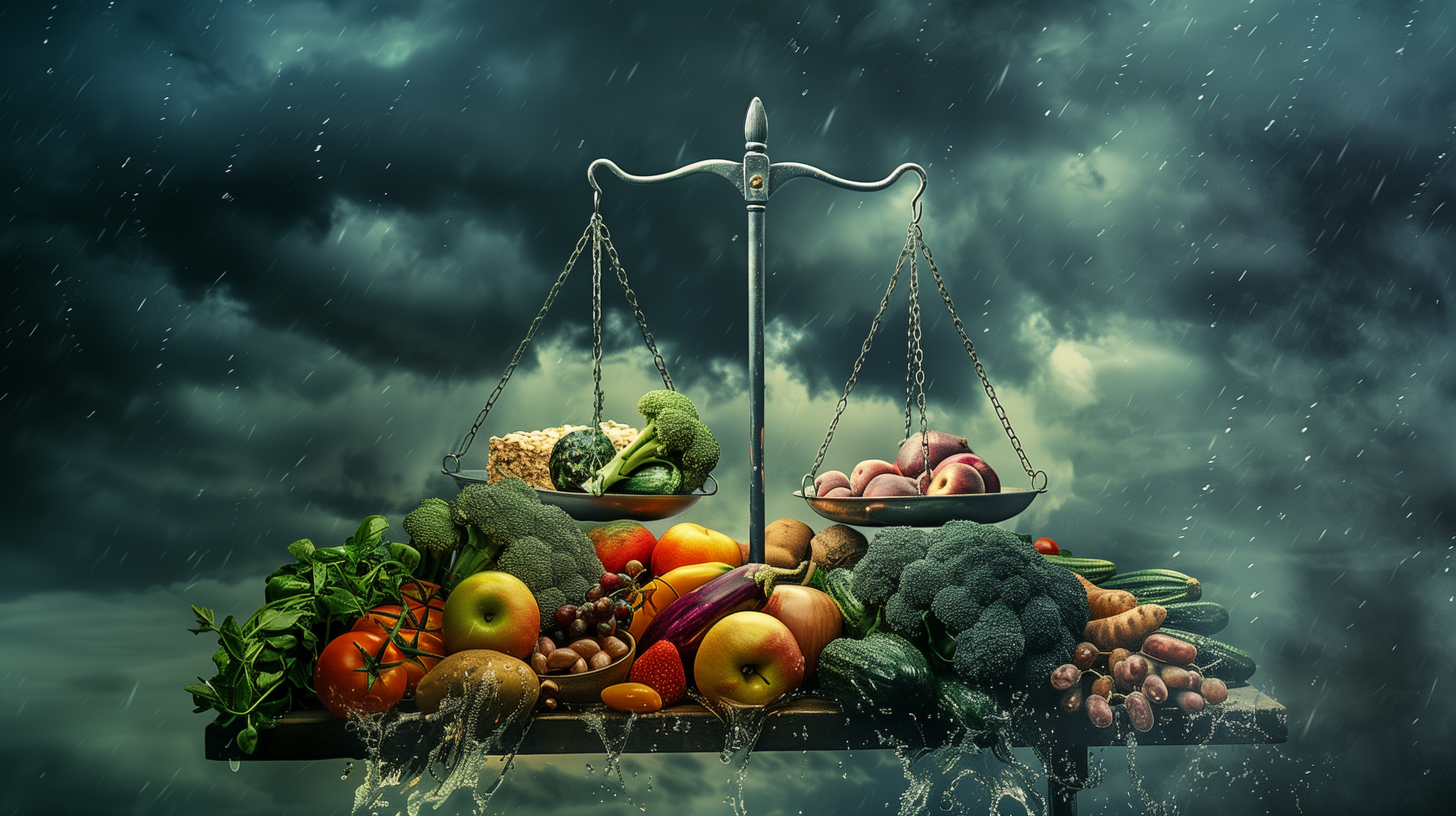 a balance scale, one side holding vibrant fruits and vegetables, the other side weighed down by dull, processed gluten-free products, with subtle storm clouds