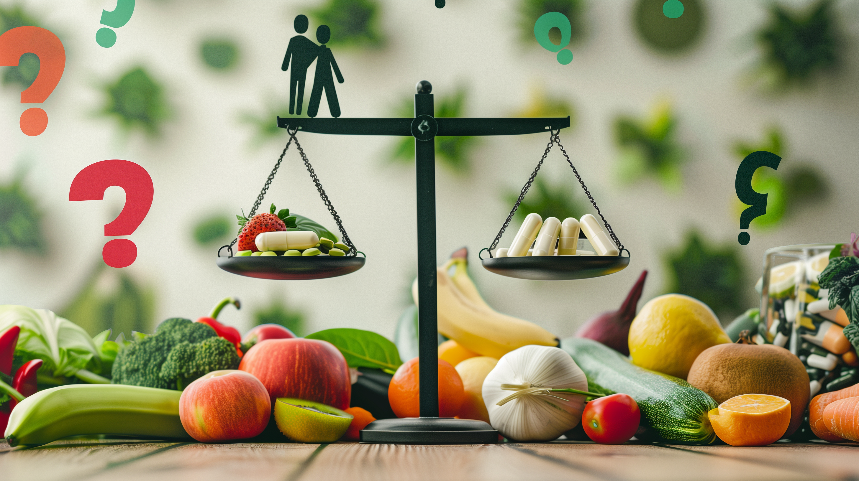 balance scale, with probiotic supplements, surrounded by question marks, and fruits and vegetables
