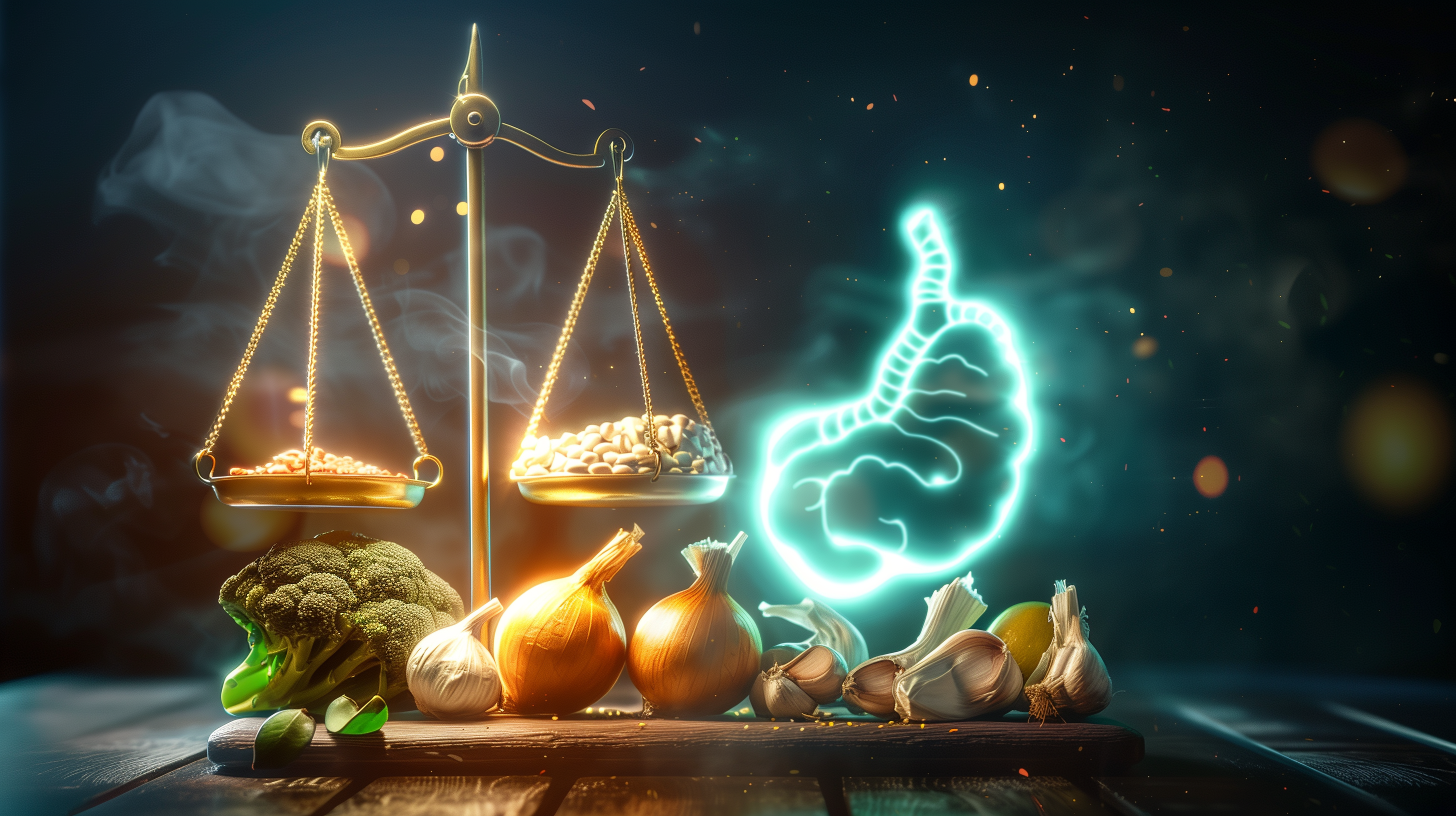 balanced scale, various prebiotic foods (garlic, onions, bananas), depicting a healthy gut