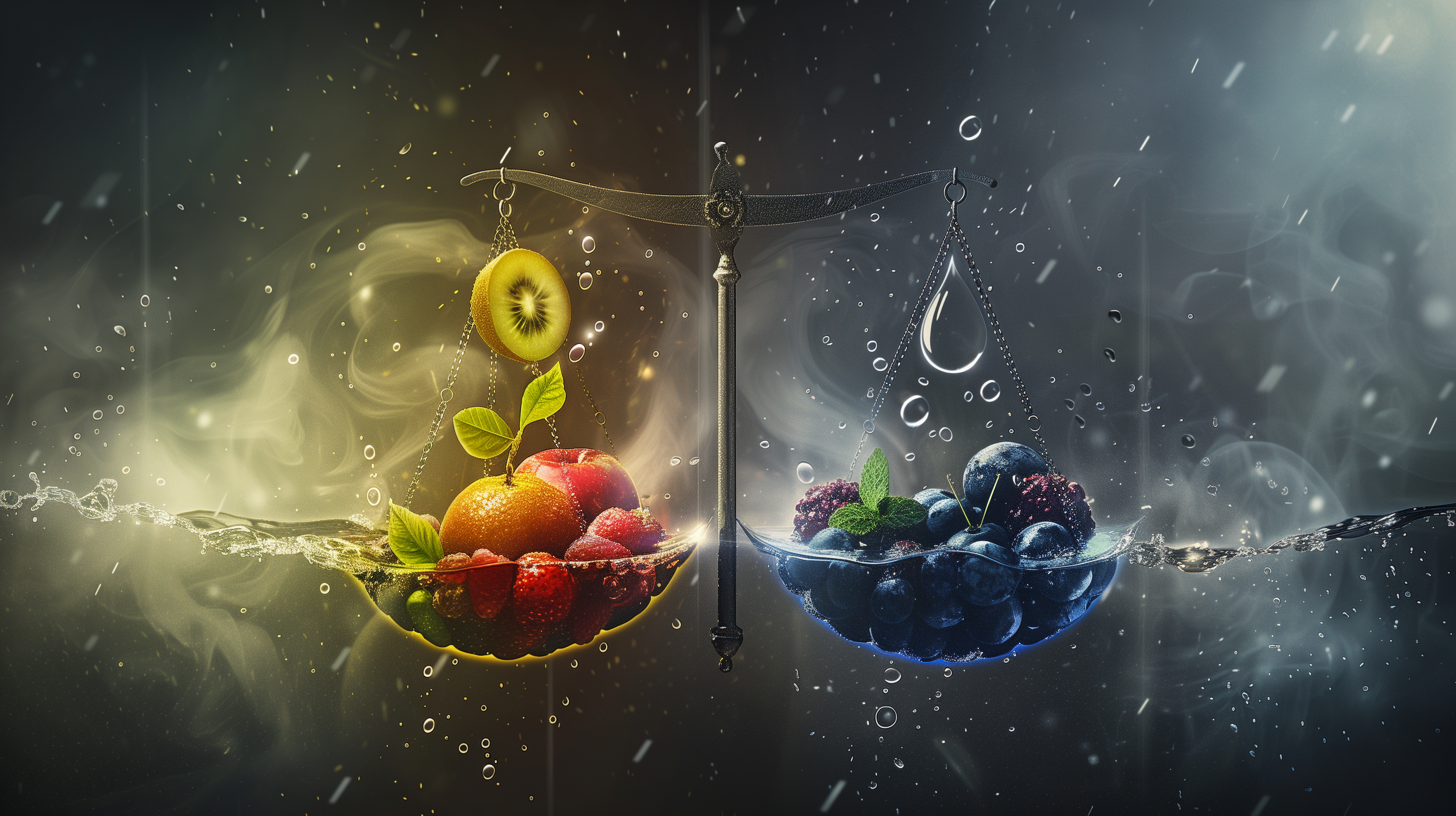 fruits and vegetables representing trace minerals, the other with water drops symbolizing electrolytes.