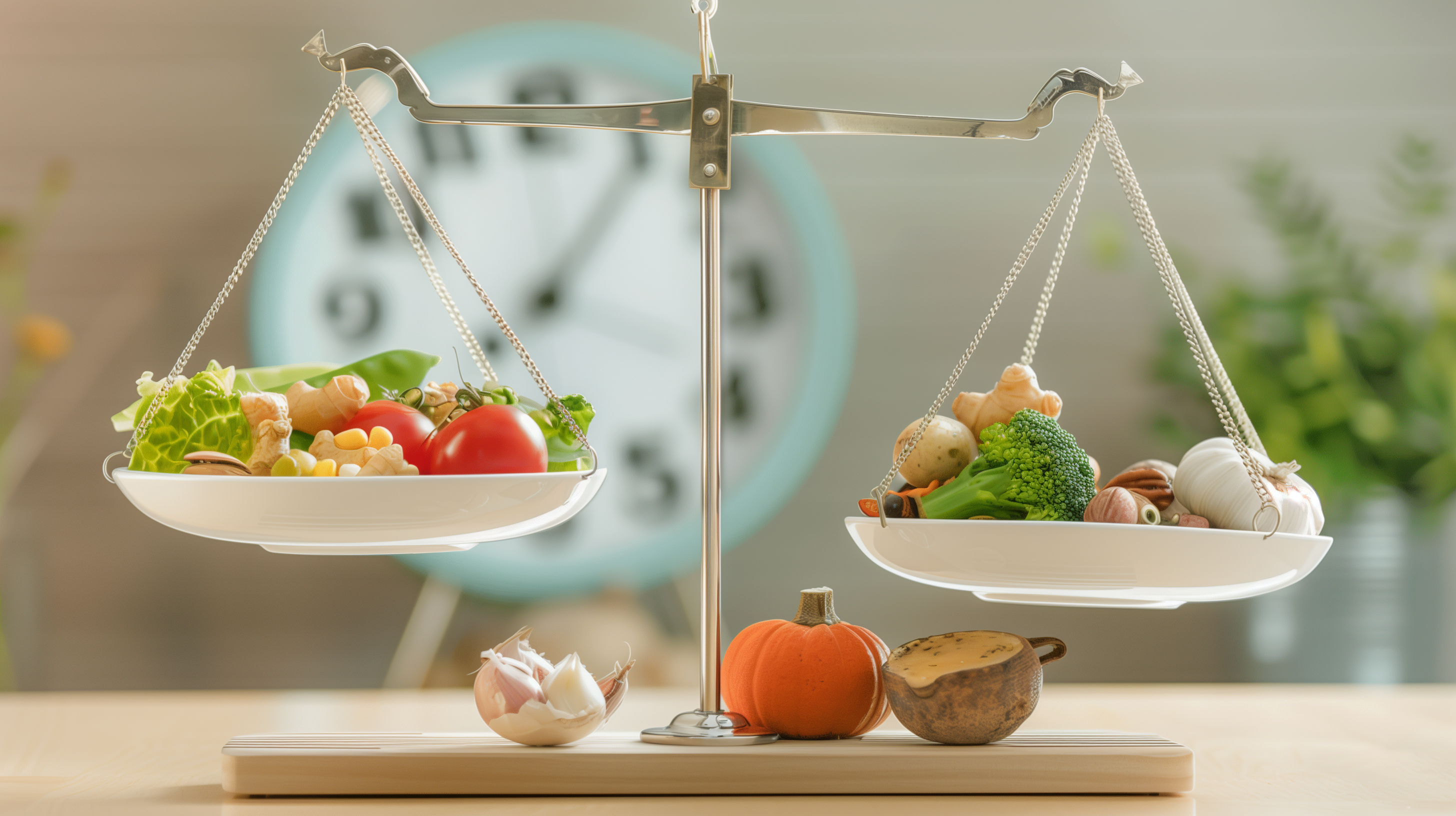 balanced scale with foods rich in probiotics on one side and an empty plate on the other, subtly incorporating a clock displaying meal times