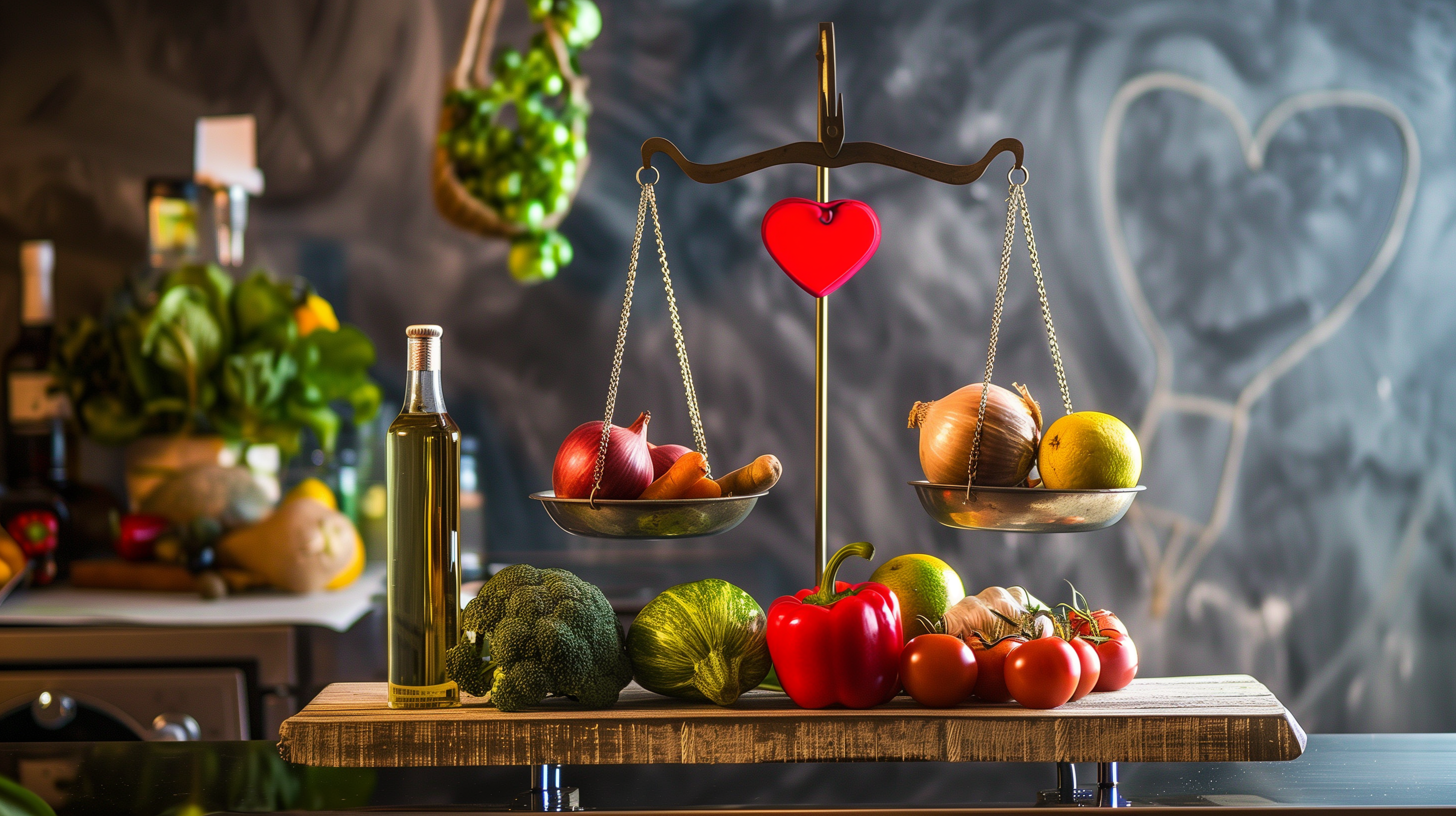 balanced scale with fruits, vegetables