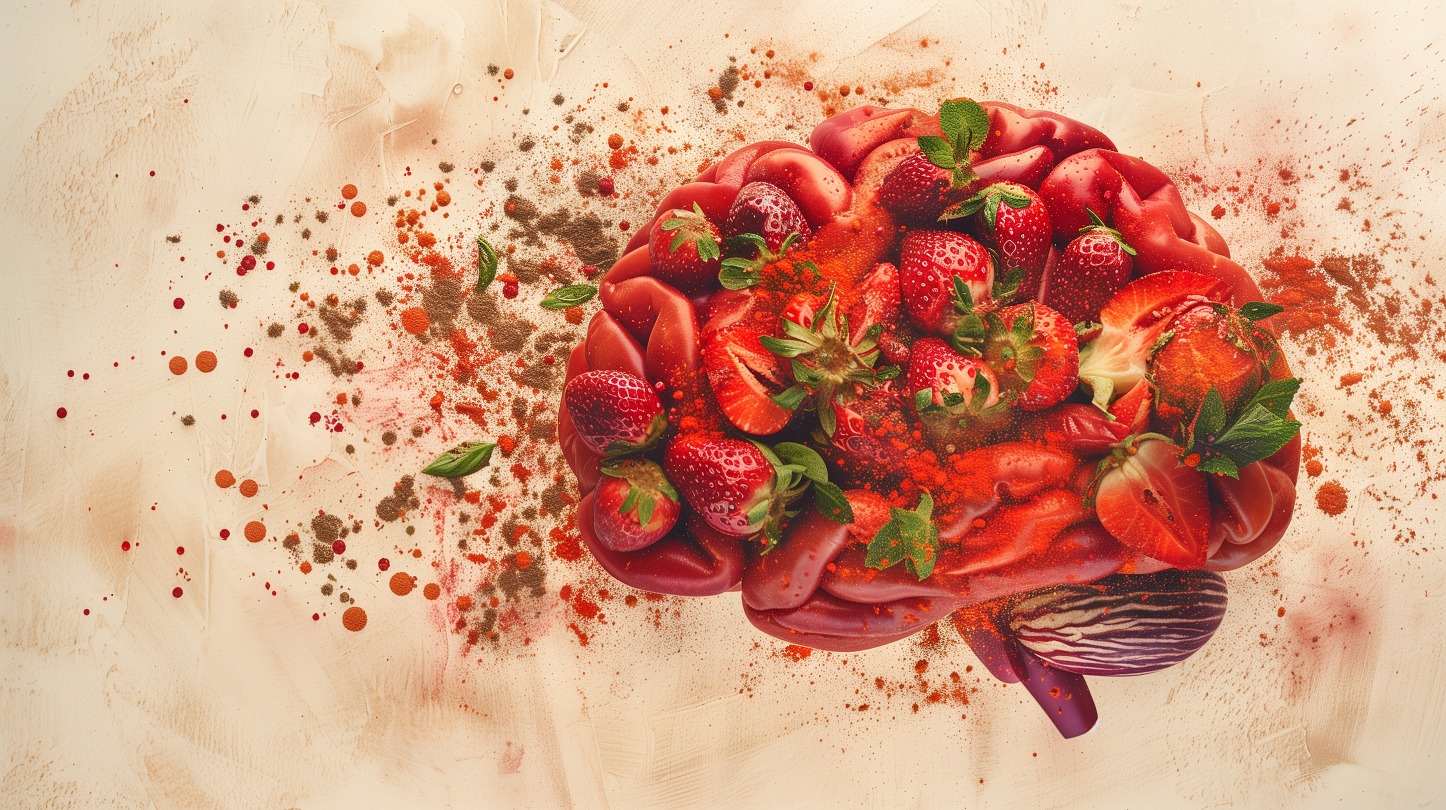 brain-shaped silhouette filled with vibrant red fruits and vegetables