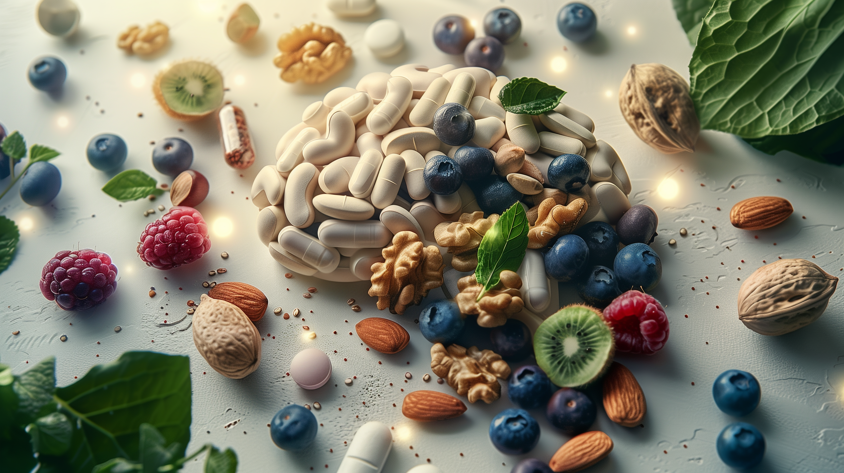 a brain-shaped supplement pill surrounded by various nuts, blueberries, and leafy greens