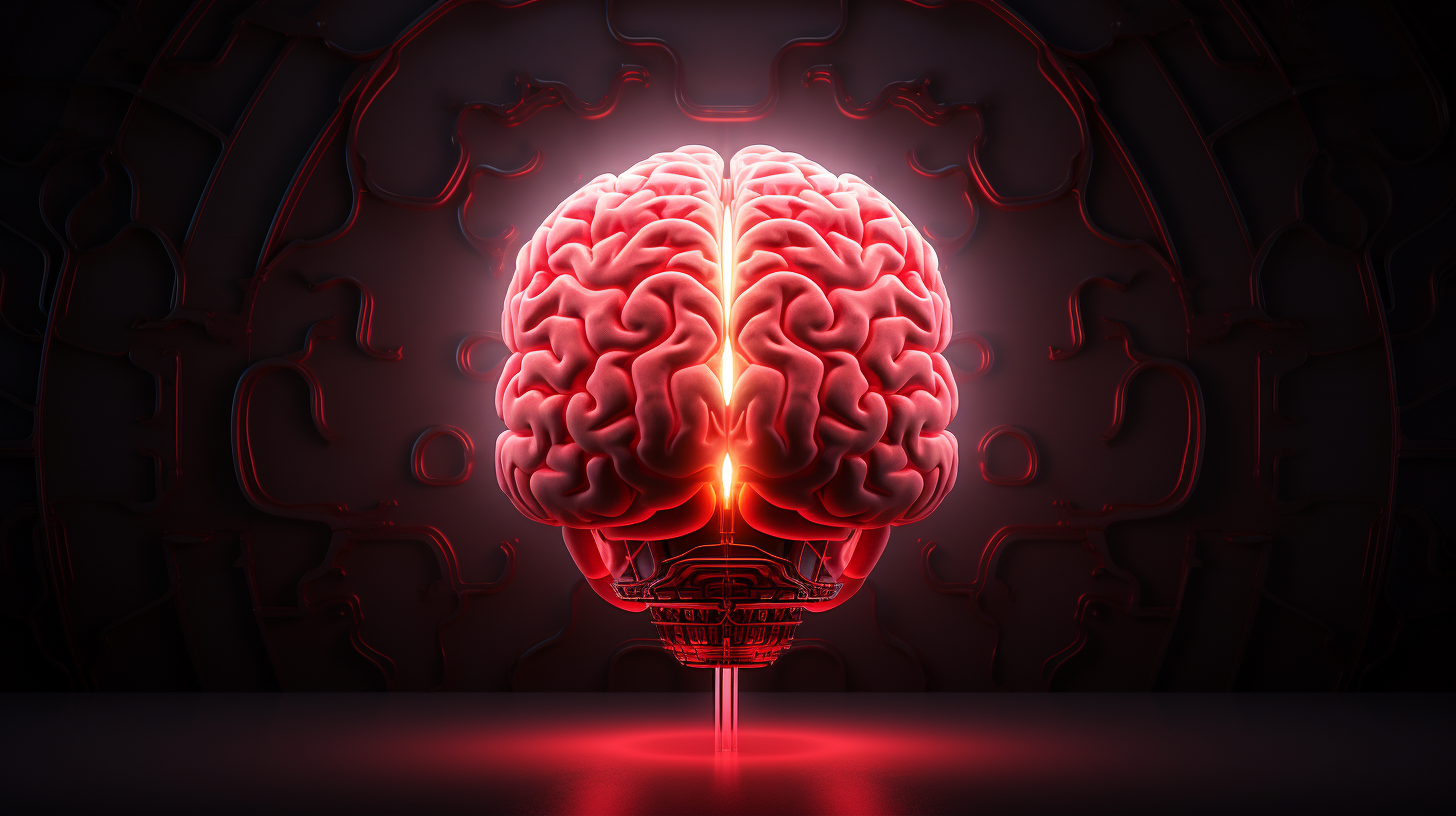 a 3D illustration of a brain with glowing red light