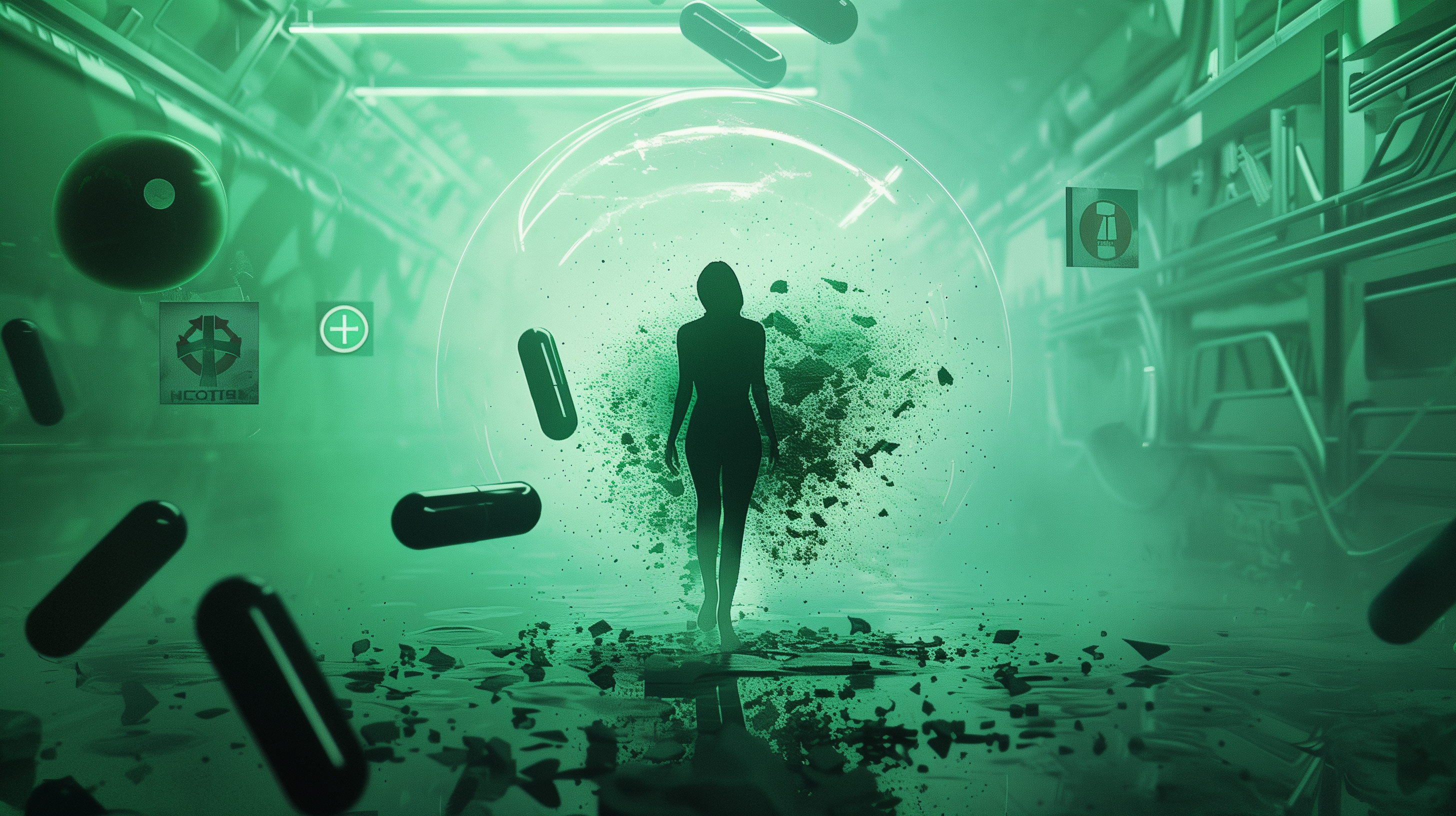 broken capsule with green powder spilling out, surrounded by caution symbols, against a backdrop of a human silhouette