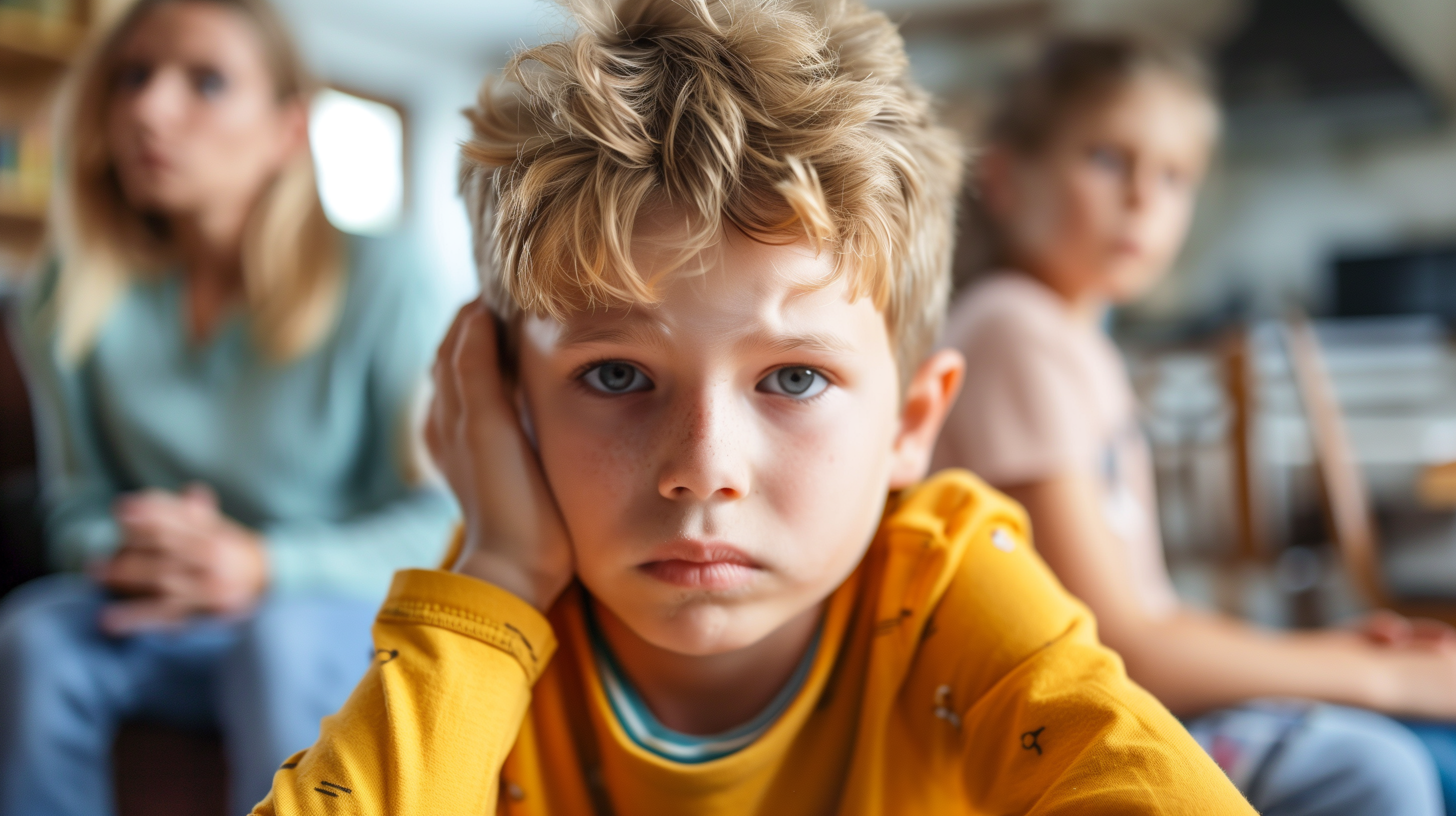 a child with a headache, another with skin rashes, and one appearing fatigued, all in a domestic setting with a concerned parent observing