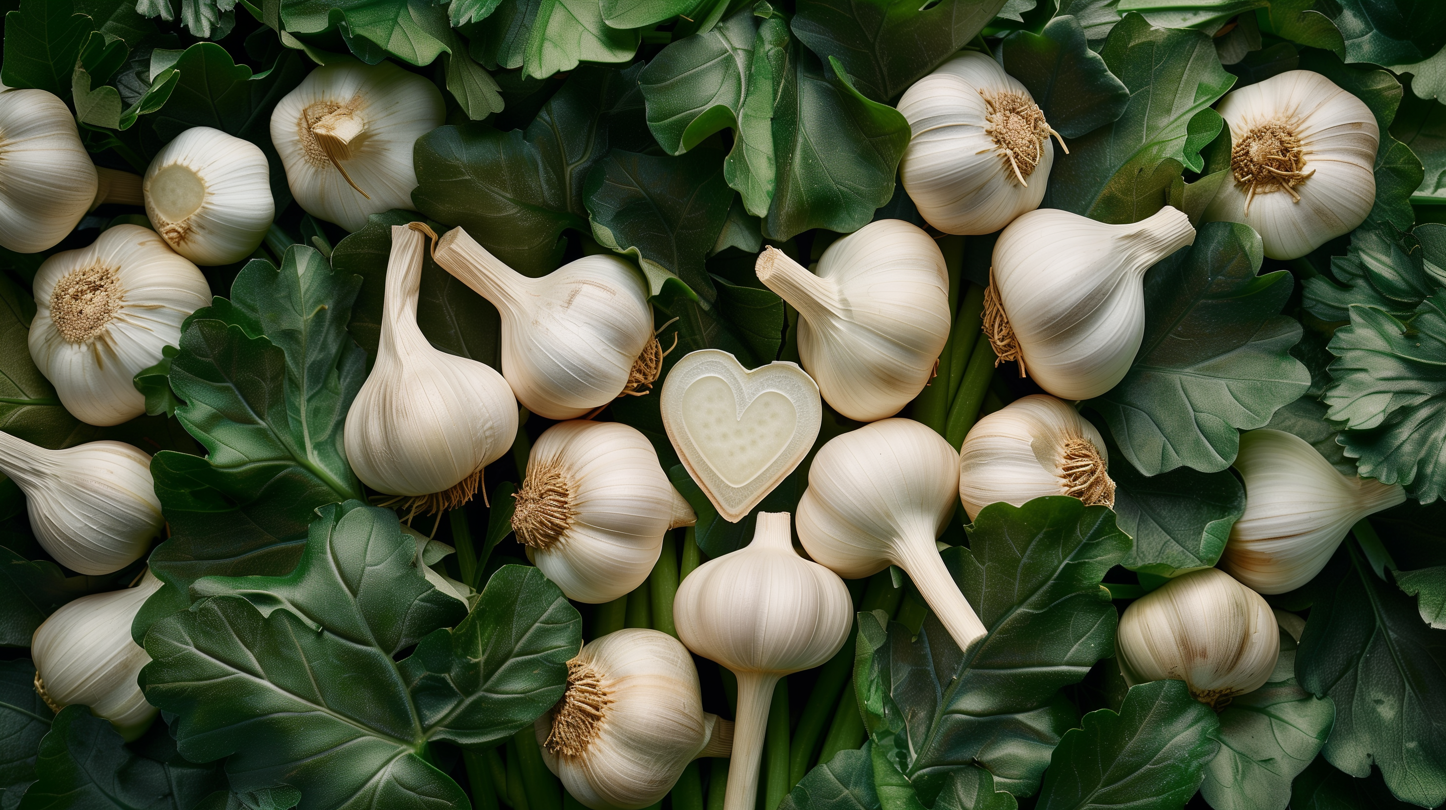 fresh garlic bulbs against a backdrop of green herbal leaves