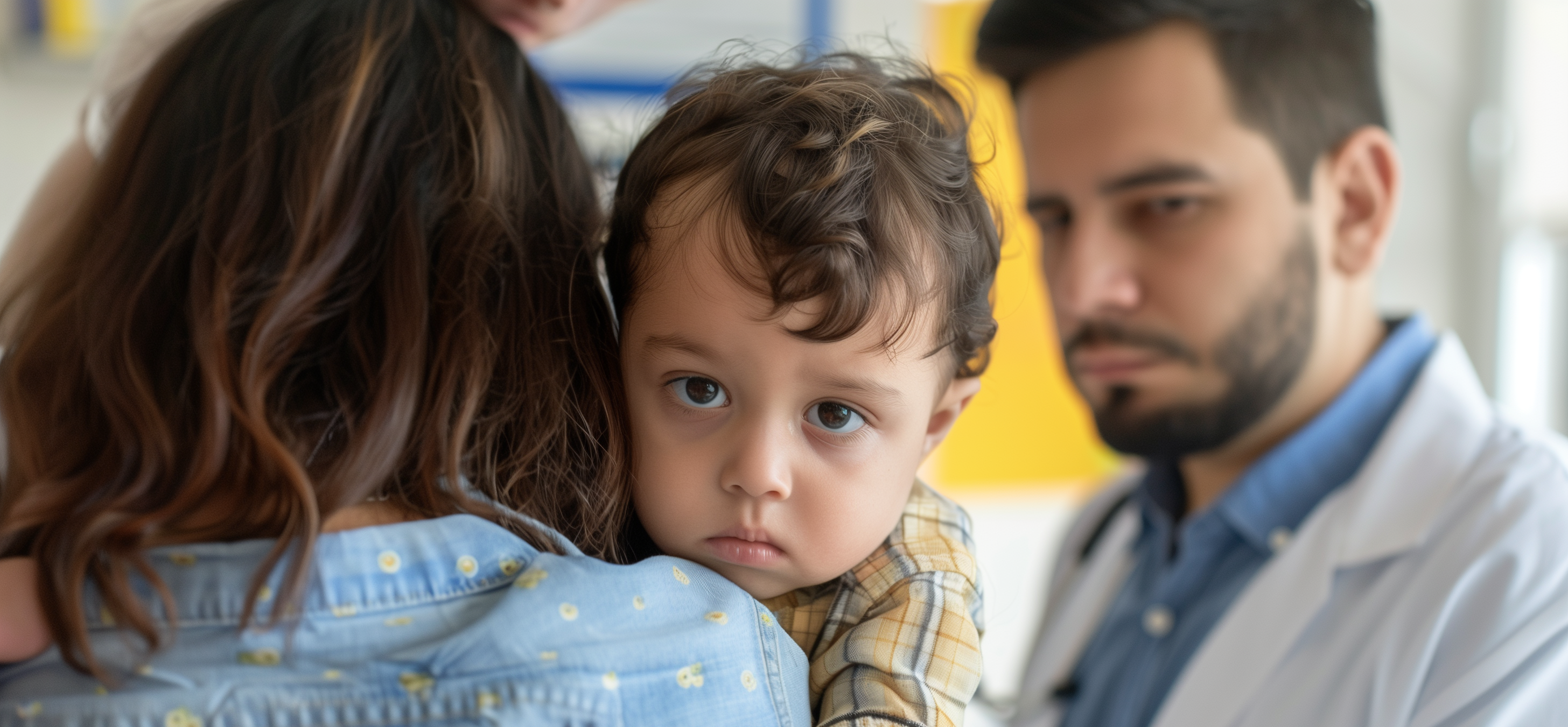 a concerned parent holding a child with a doctor in a clinic