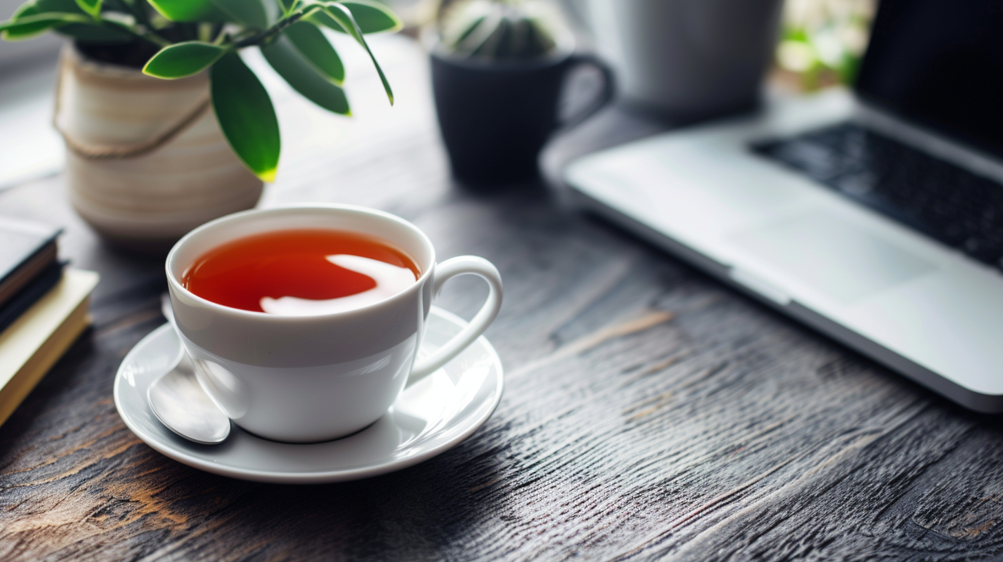 a cup of tea in front of a laptop