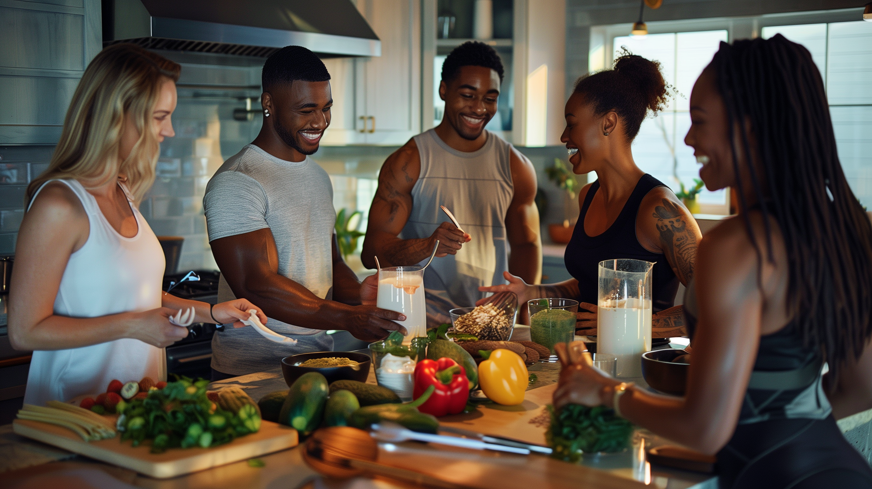 group of athletes around a kitchen island, blending hormone-free whey protein into various meals and drinks