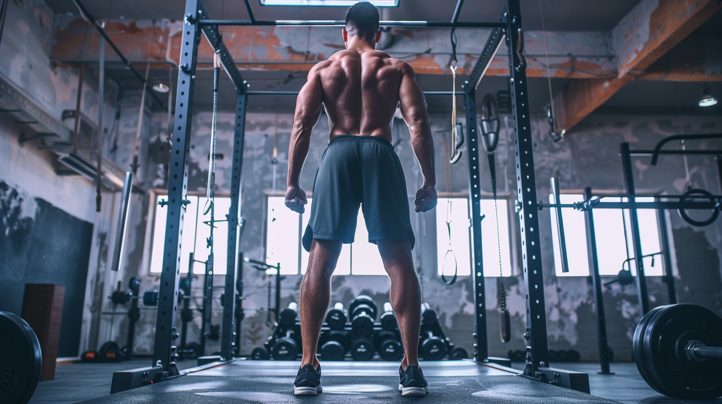a man standing in front of a squat rack, back to camera