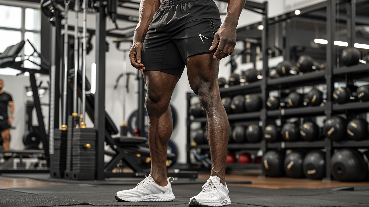 a man with muscular hamstrings standing in the gym