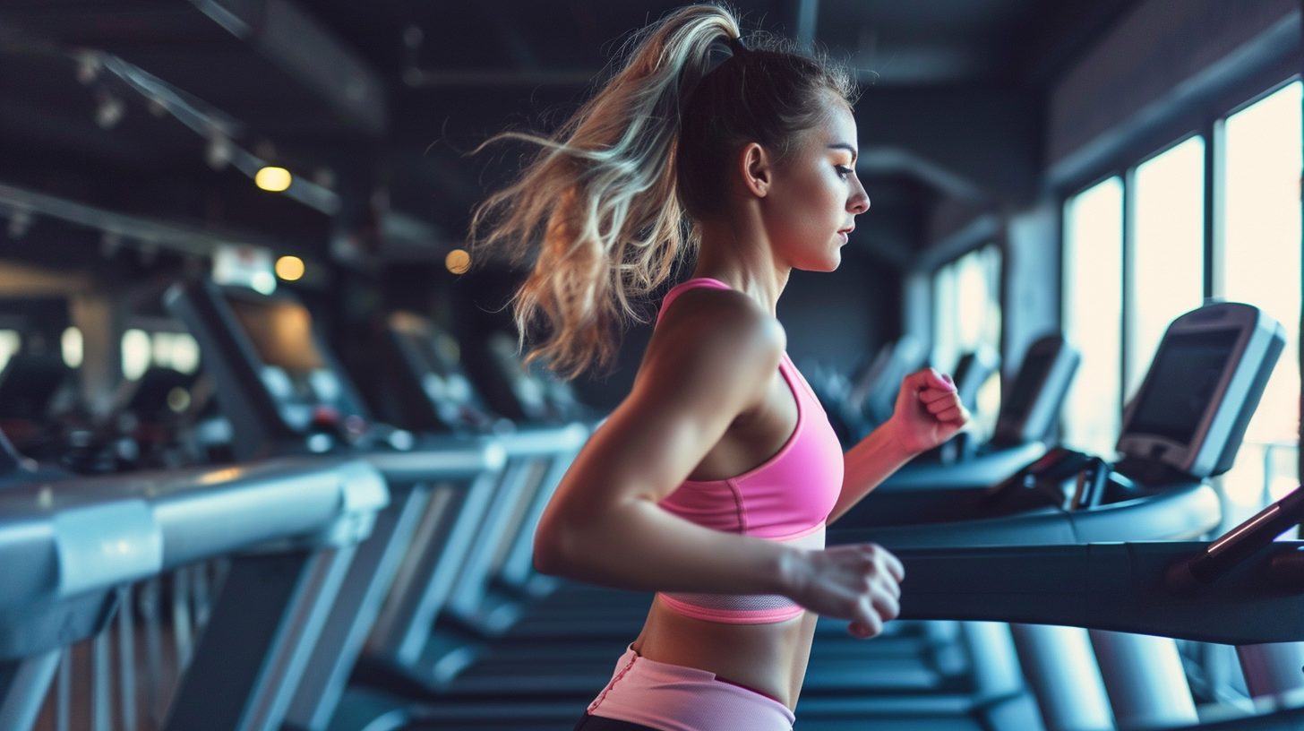 a woman running on a treadmill first thing in the morning - fasted cardio