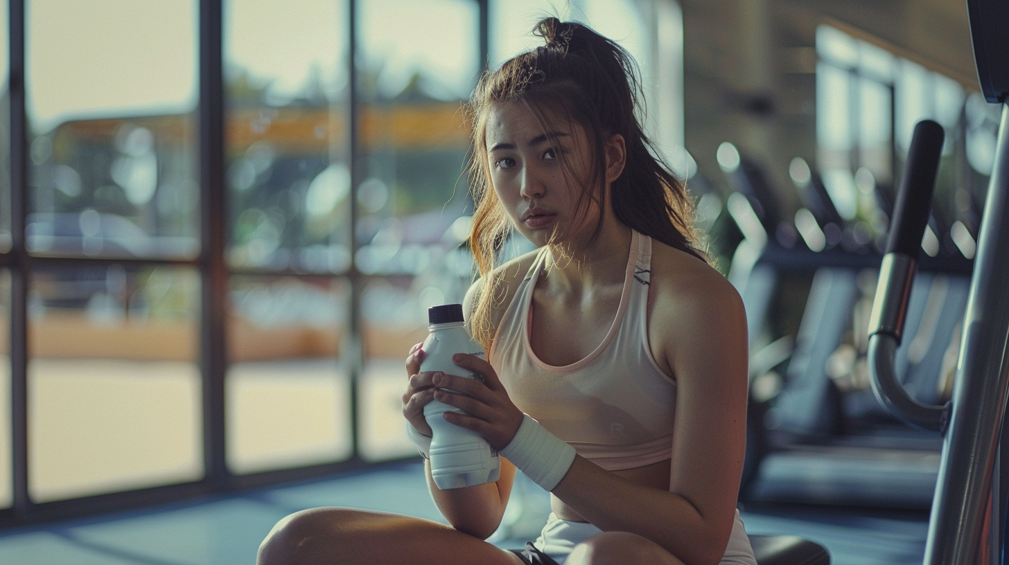 a girl at the gym, resting between sets