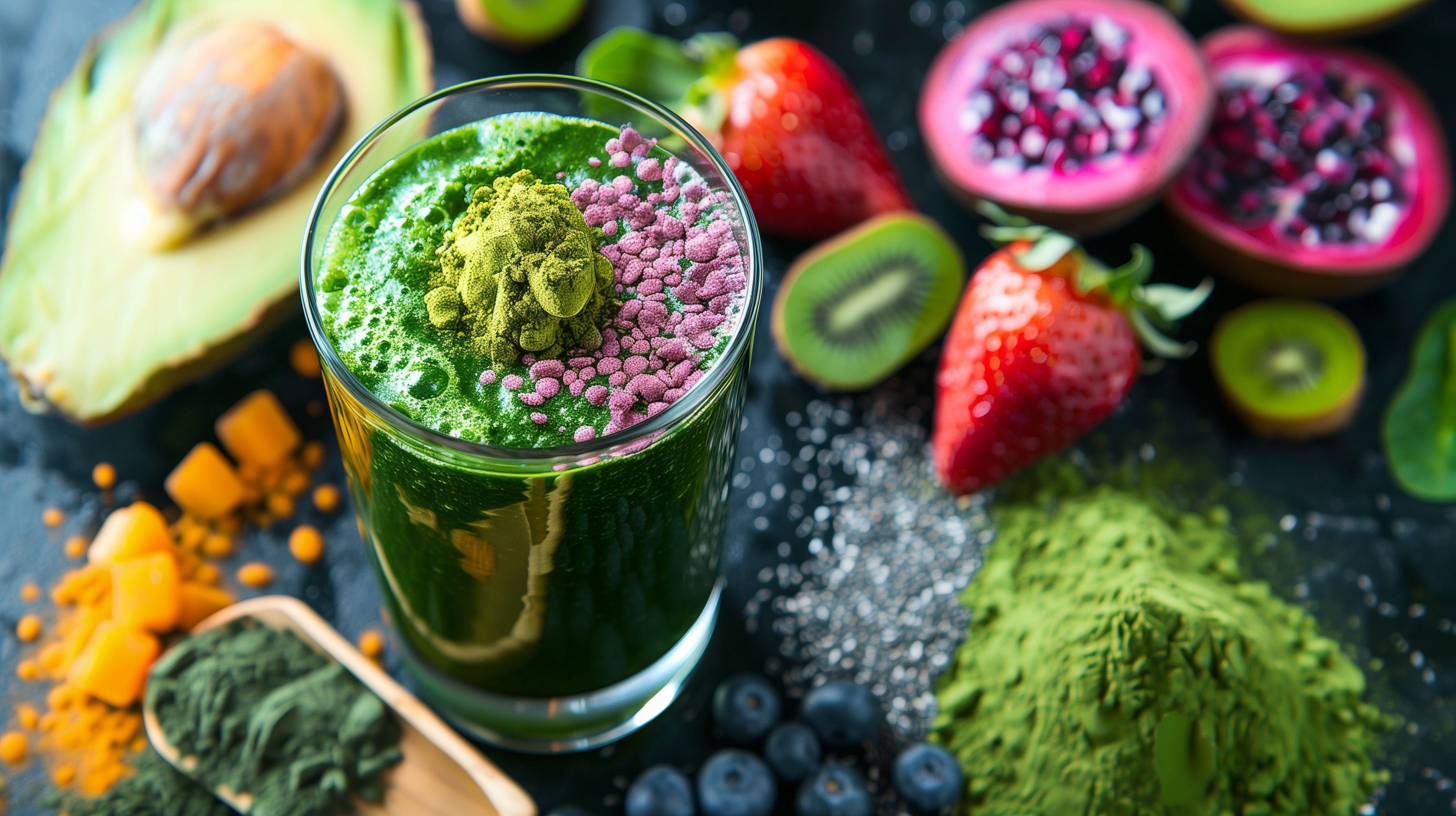 a glass of green smoothie, surrounded by vibrant superfood powders and fruits
