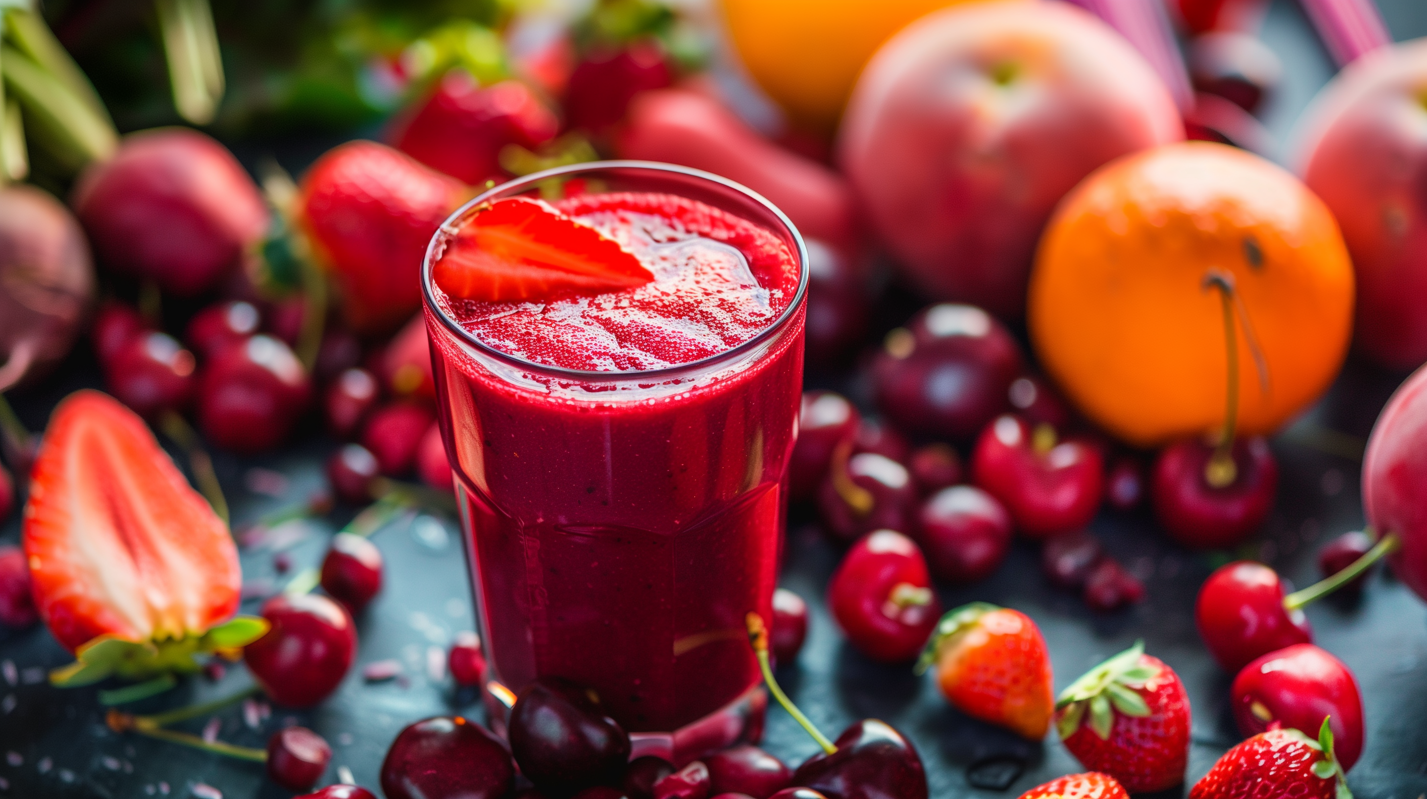 red smoothie surrounded by vibrant fruits like strawberries, cherries, and beets